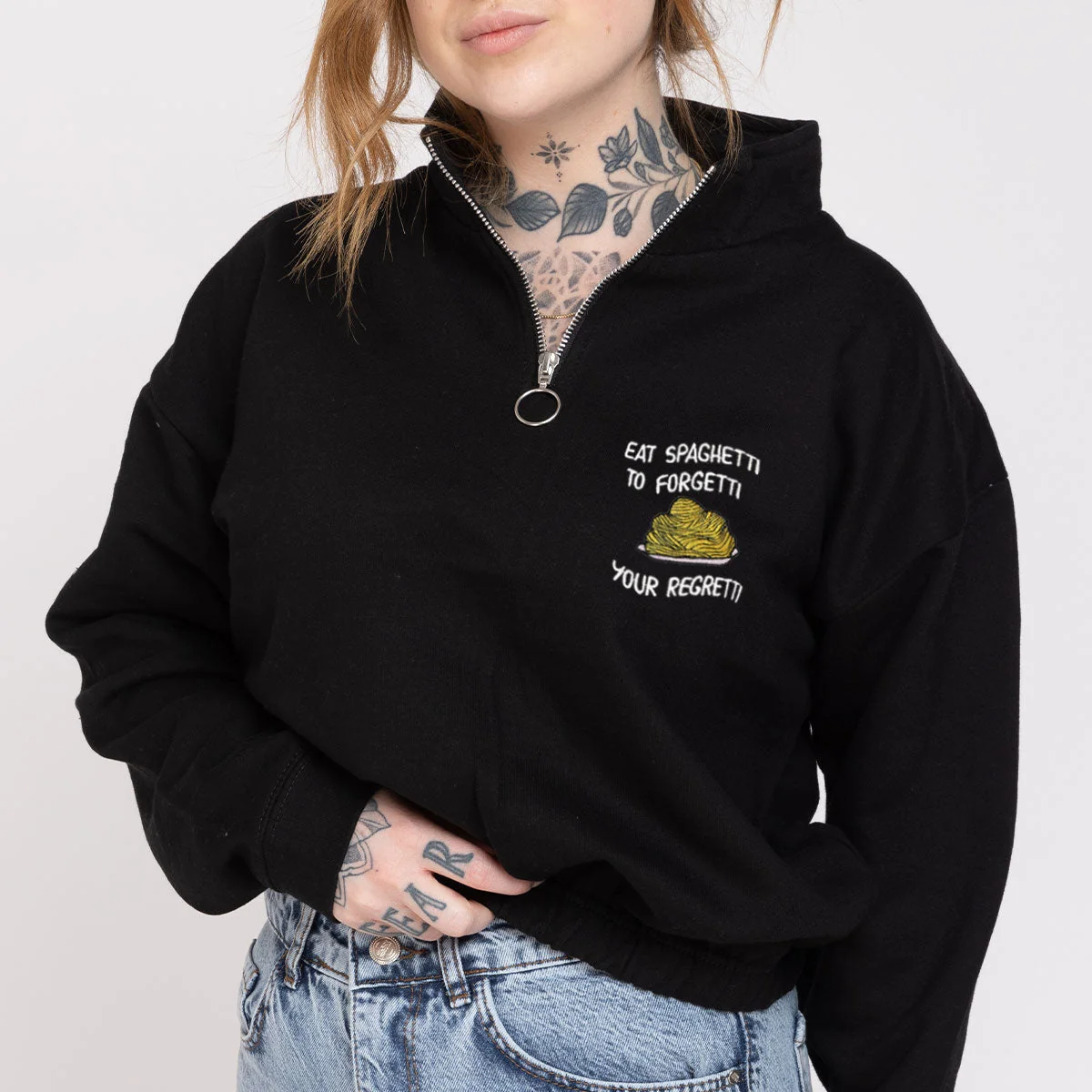 Embroidered 1/4 Zip Crop Sweatshirt - Premium Cotton Blend