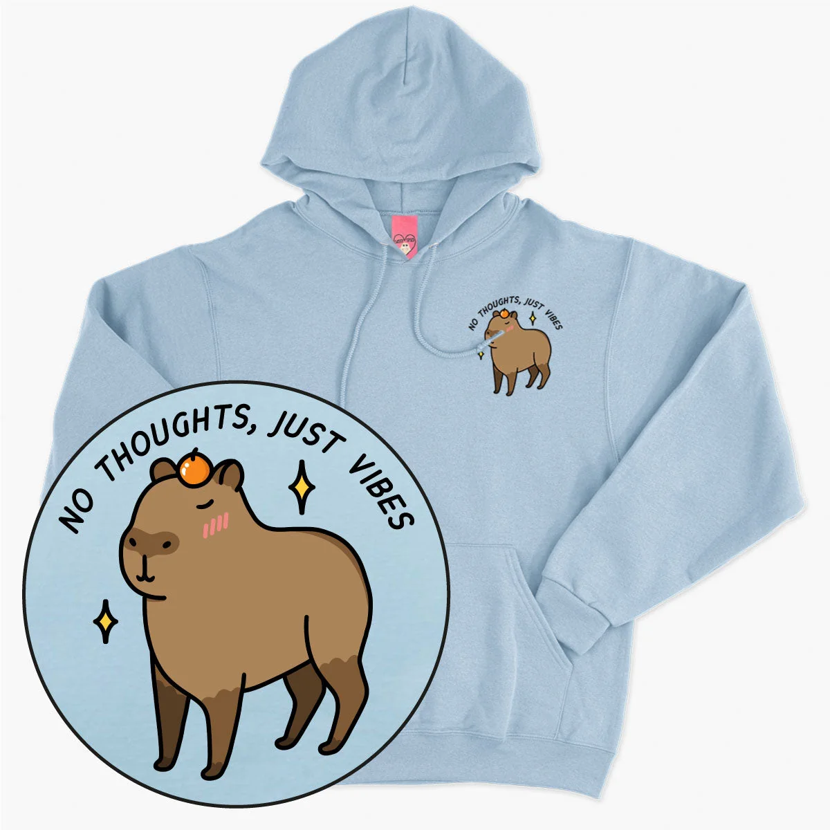 Cosy Vibes Adult Printed Hoodie in Sky Blue, Black, White, Baby Pink