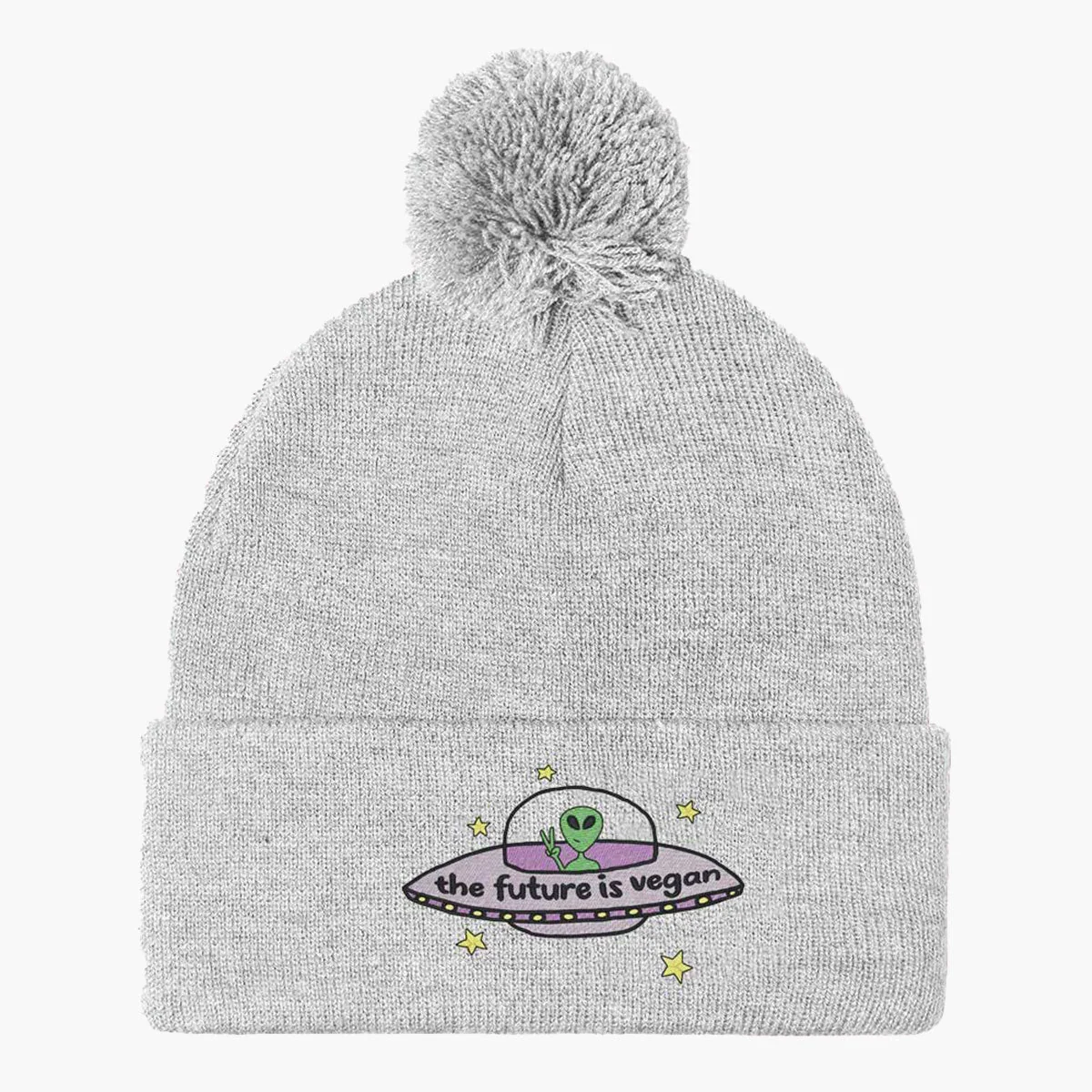 Embroidered Vegan Pom Pom Beanie - Premium Quality Winter Hat