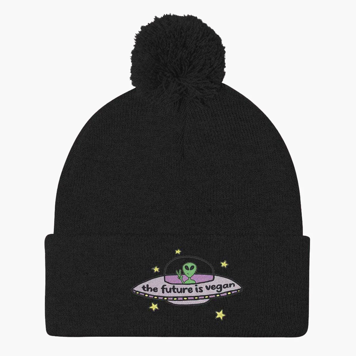 Embroidered Vegan Pom Pom Beanie - Premium Quality Winter Hat