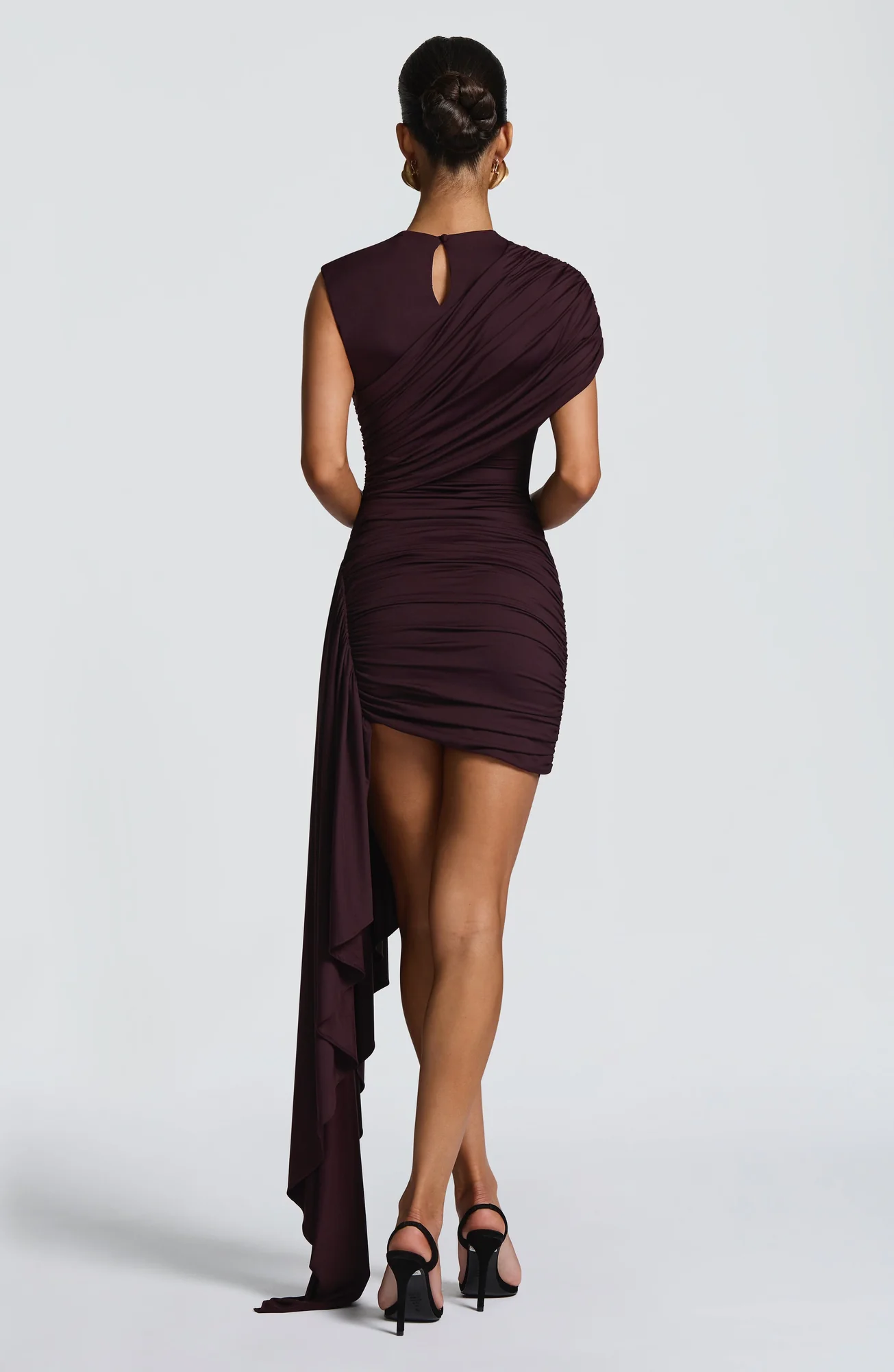 Plum Brown Slinky Mini Dress with High Neckline