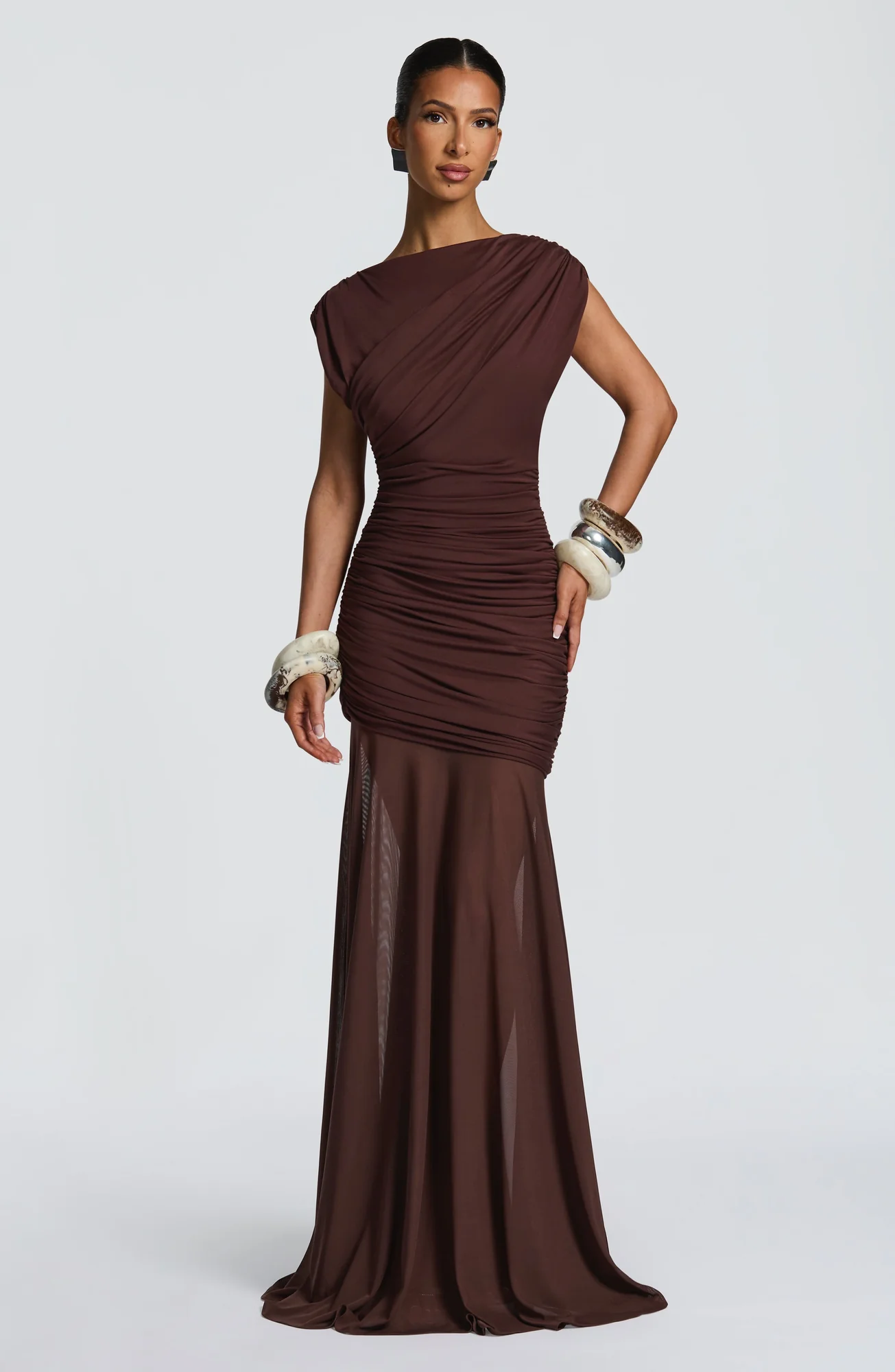 Plum Brown Maxi Dress with Mesh Details - Elegant A-line Silhouette