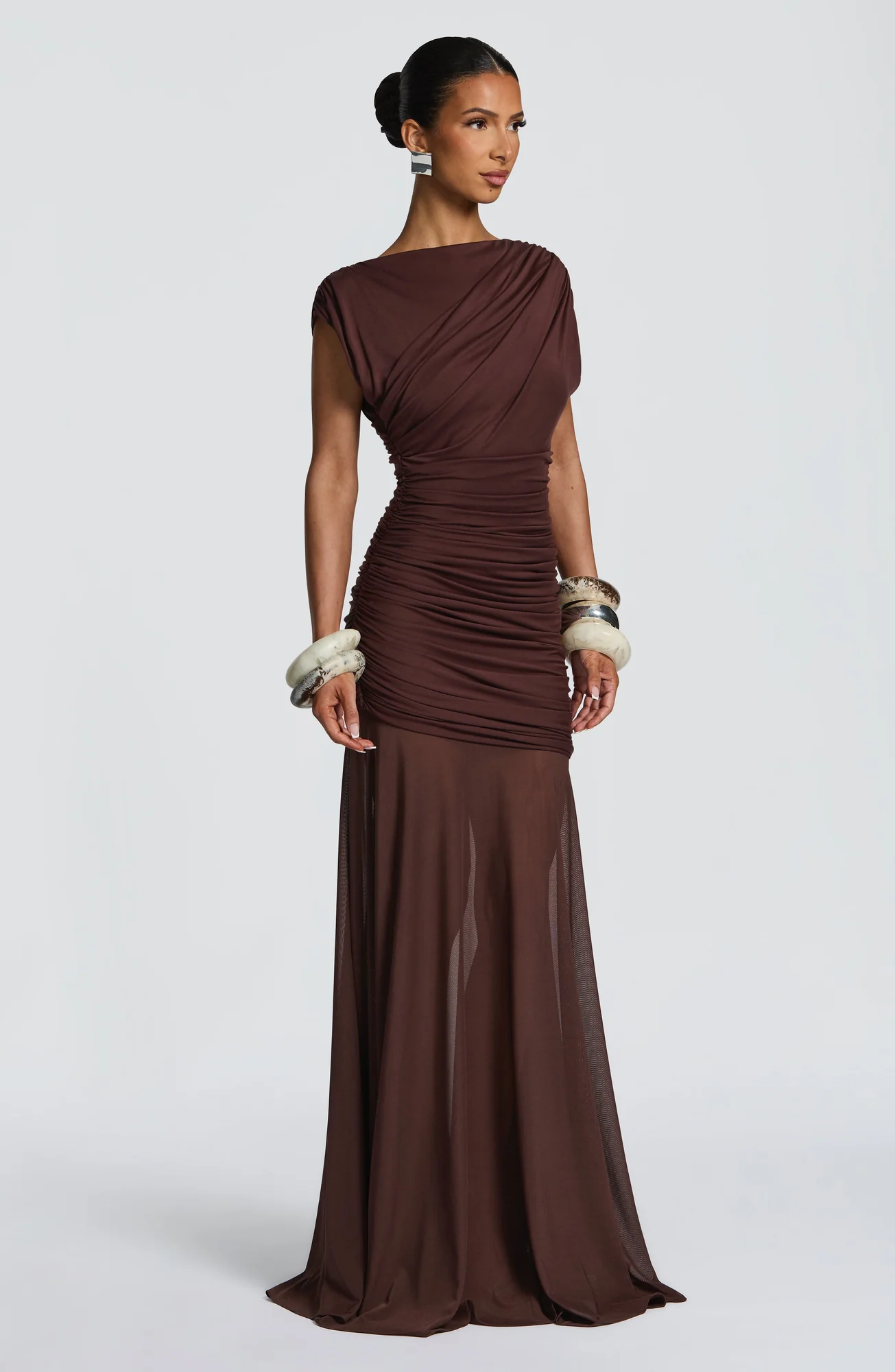 Plum Brown Maxi Dress with Mesh Details - Elegant A-line Silhouette