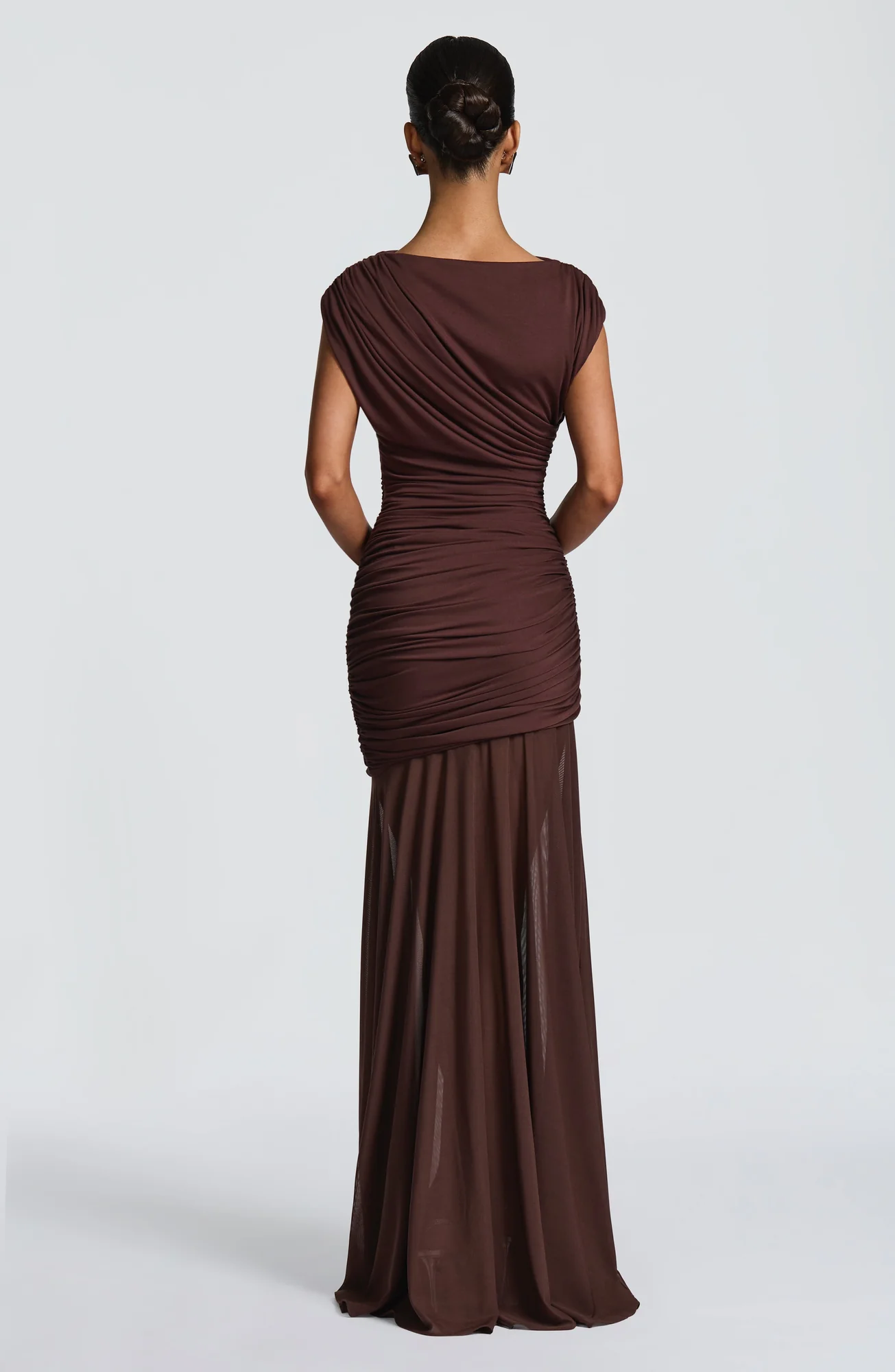 Plum Brown Maxi Dress with Mesh Details - Elegant A-line Silhouette