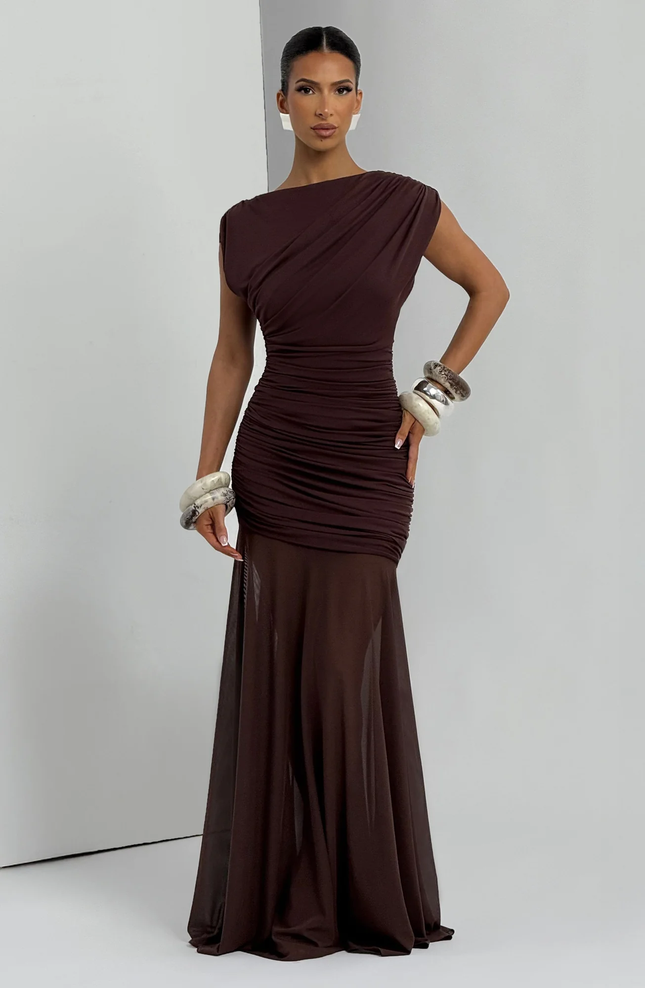Plum Brown Maxi Dress with Mesh Details - Elegant A-line Silhouette