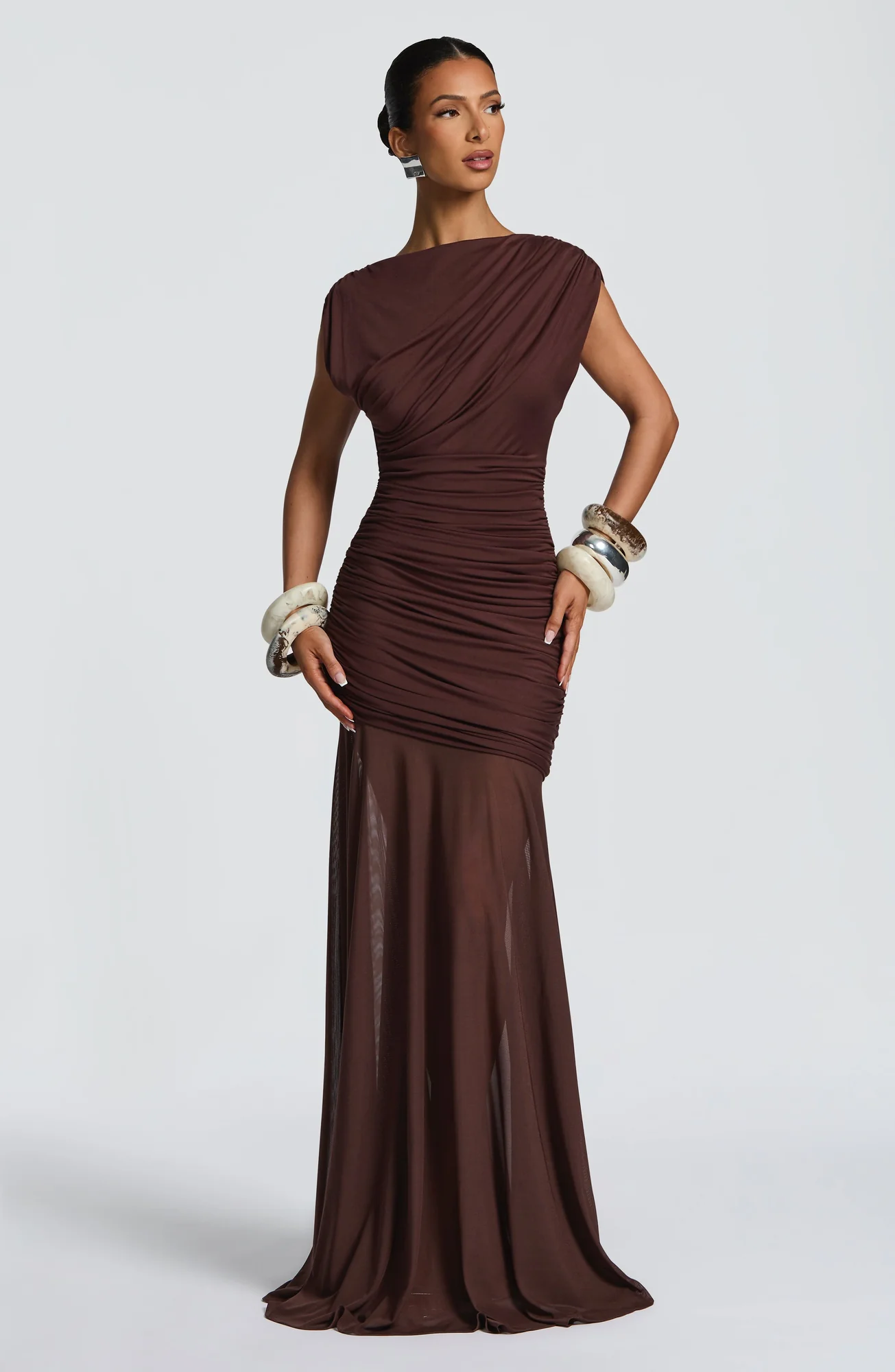 Plum Brown Maxi Dress with Mesh Details - Elegant A-line Silhouette