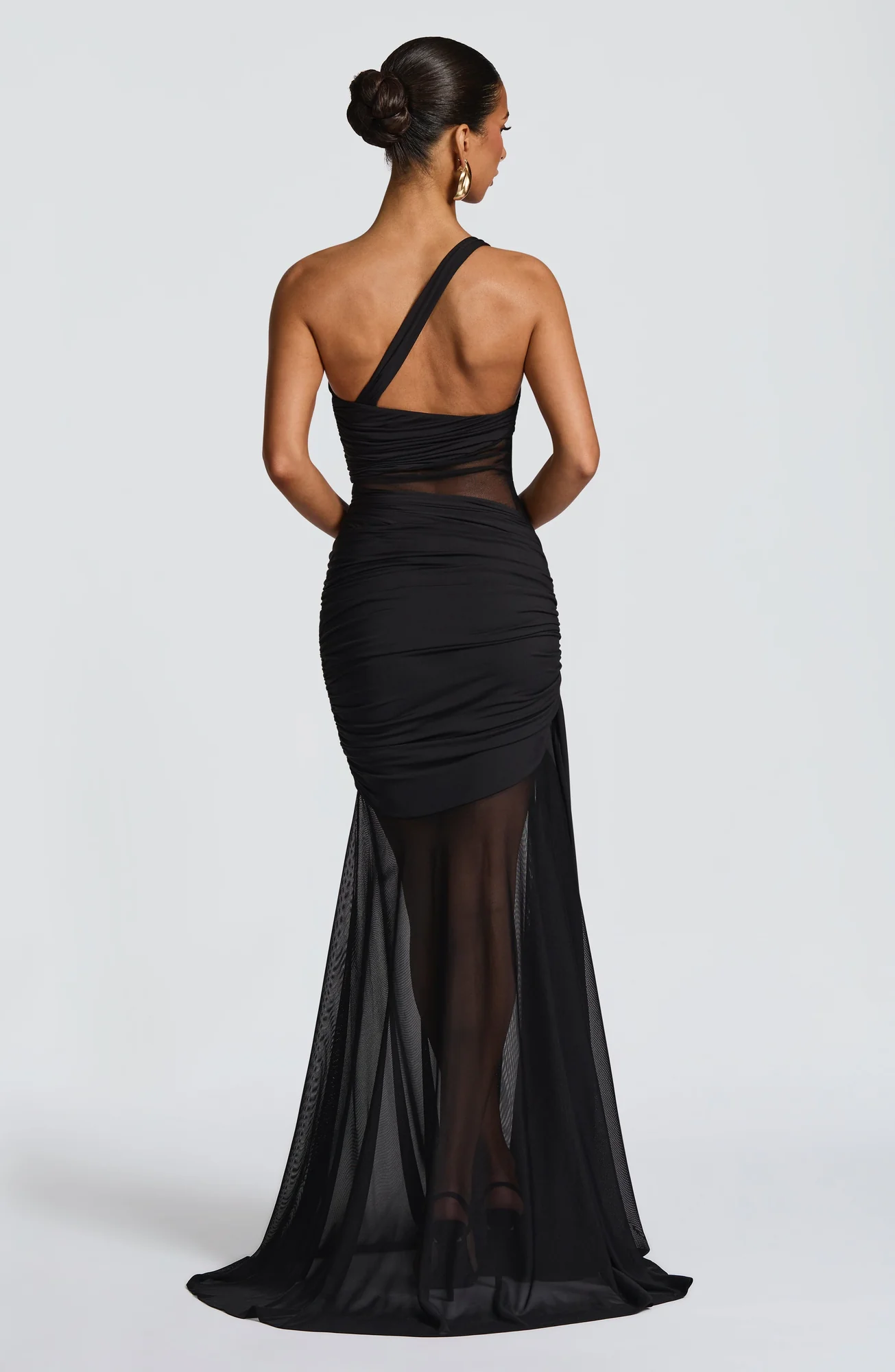 Black Asymmetric Neckline Maxi Dress with Sheer Mesh - Elegant Design