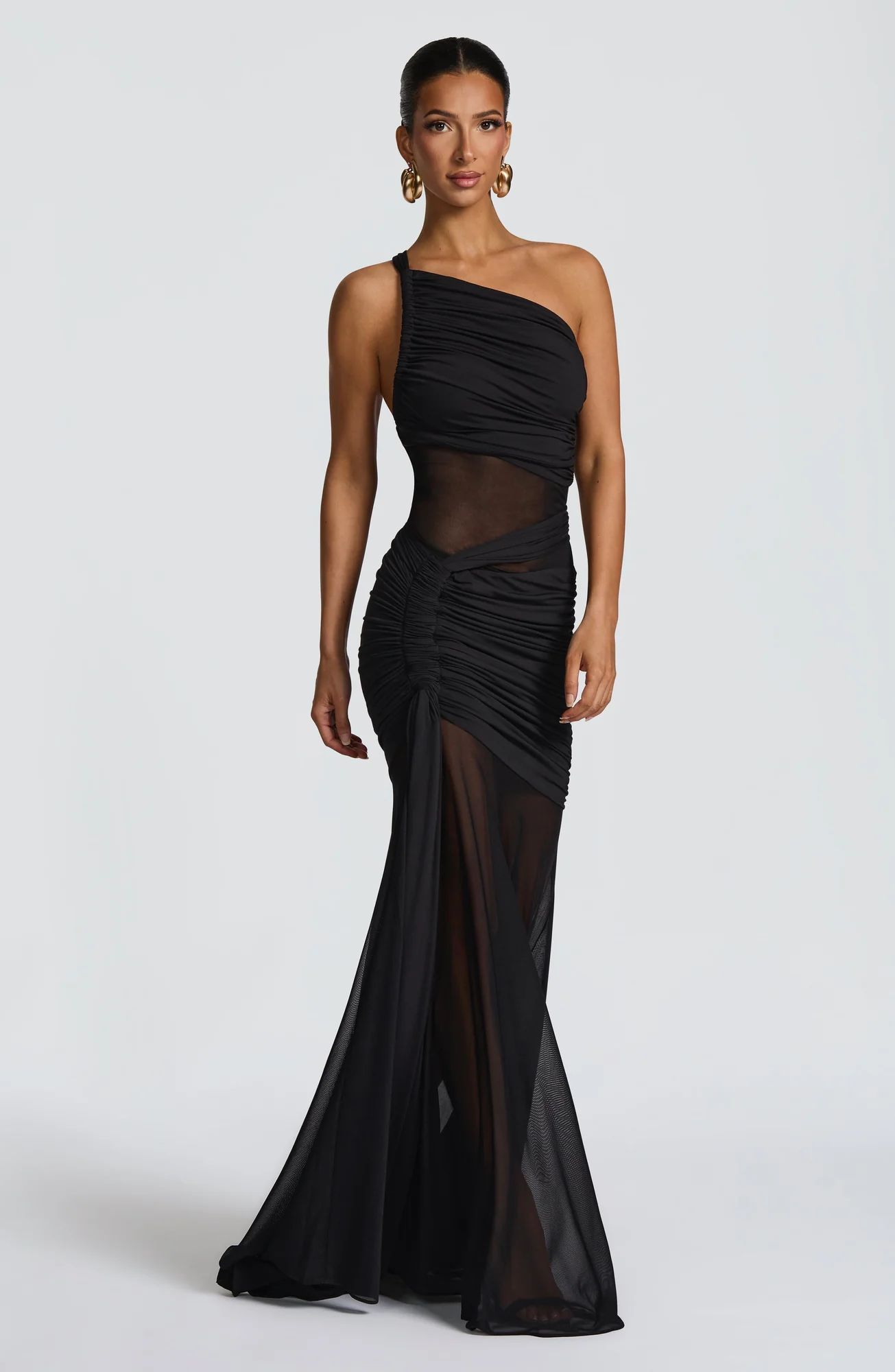 Black Asymmetric Neckline Maxi Dress with Sheer Mesh - Elegant Design