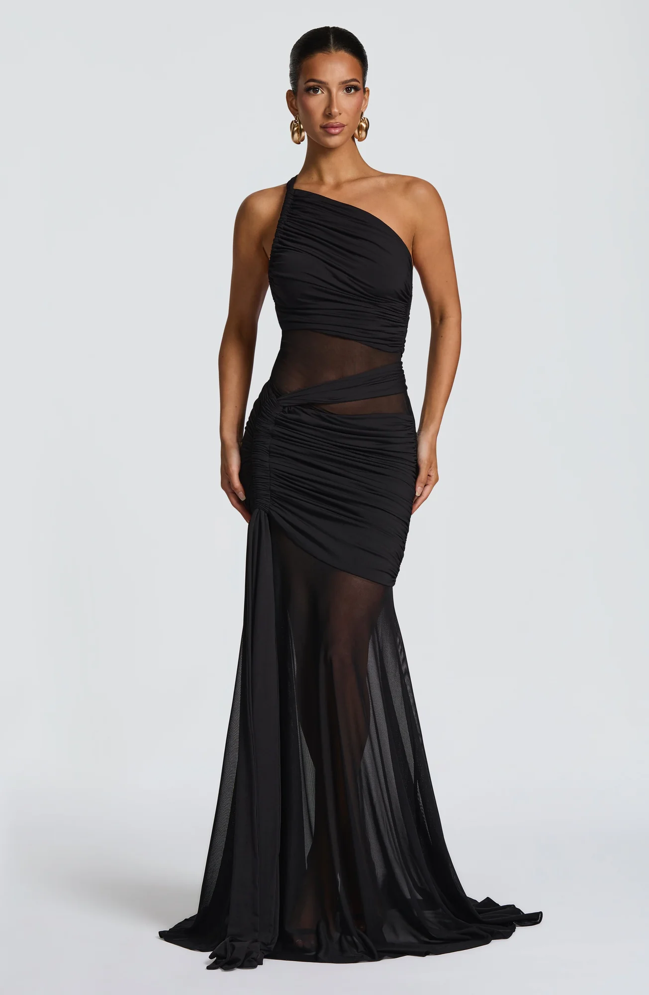 Black Asymmetric Neckline Maxi Dress with Sheer Mesh - Elegant Design