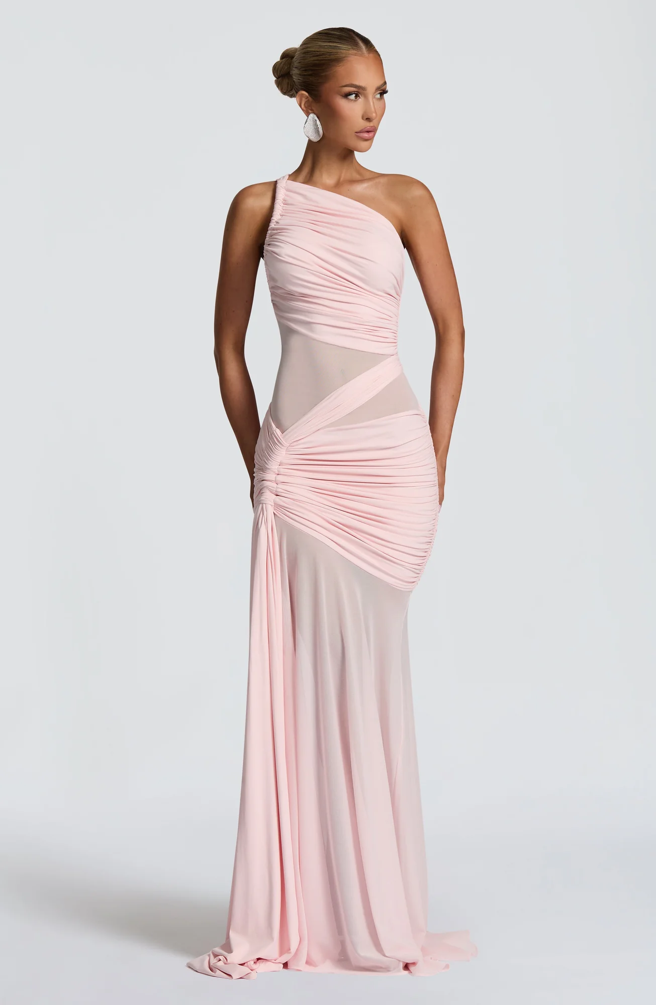 Blush Asymmetrical Neckline Maxi Dress with Mesh Detail