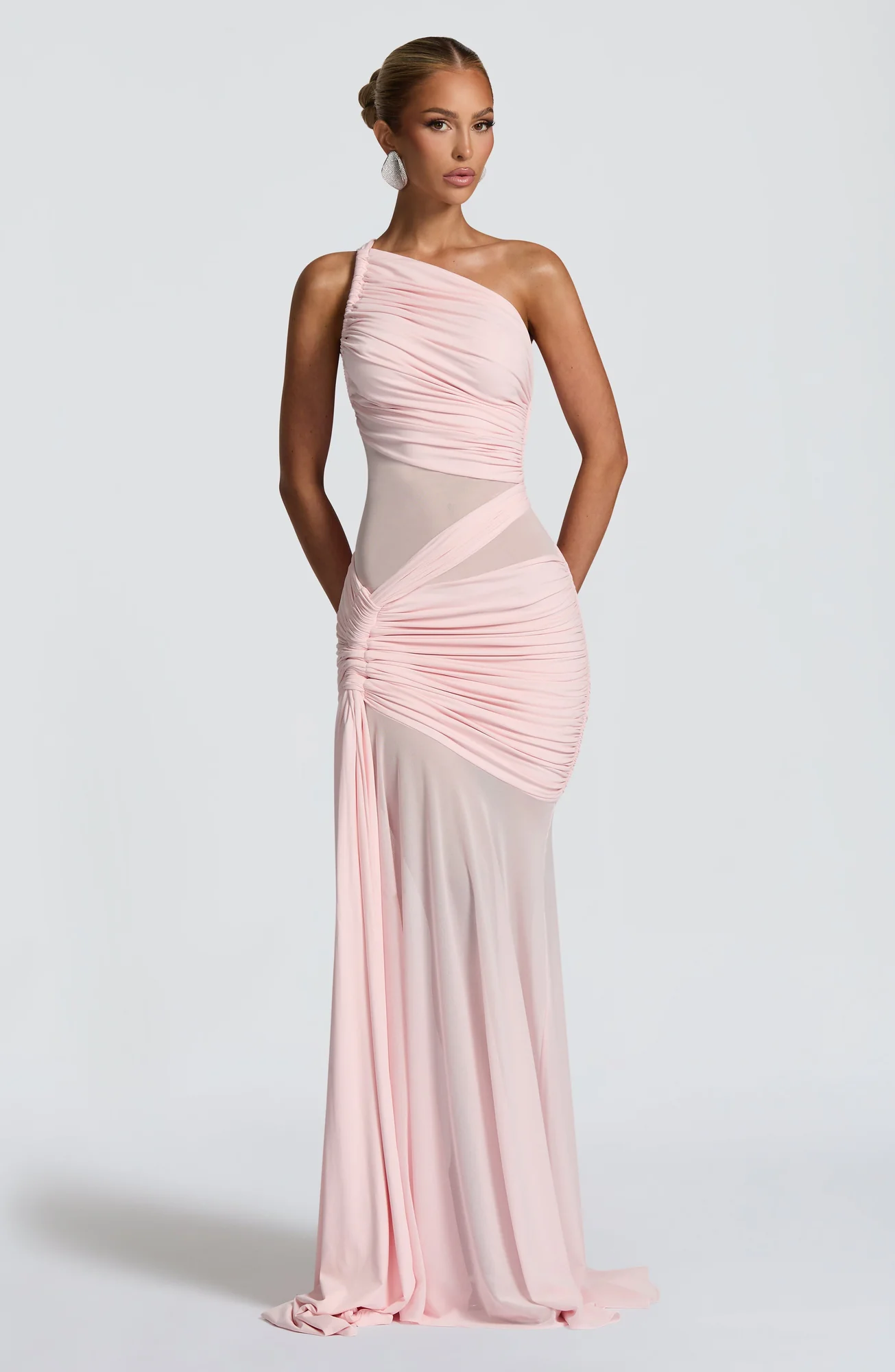 Blush Asymmetrical Neckline Maxi Dress with Mesh Detail