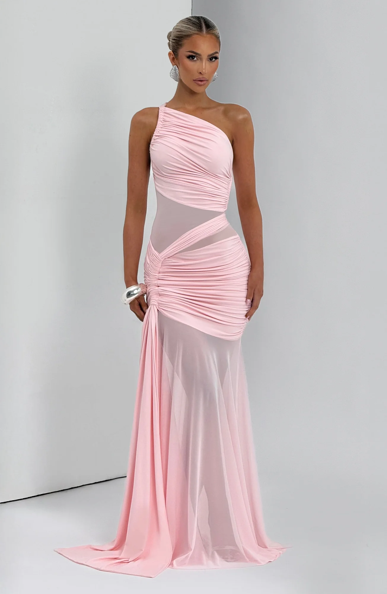 Blush Asymmetrical Neckline Maxi Dress with Mesh Detail