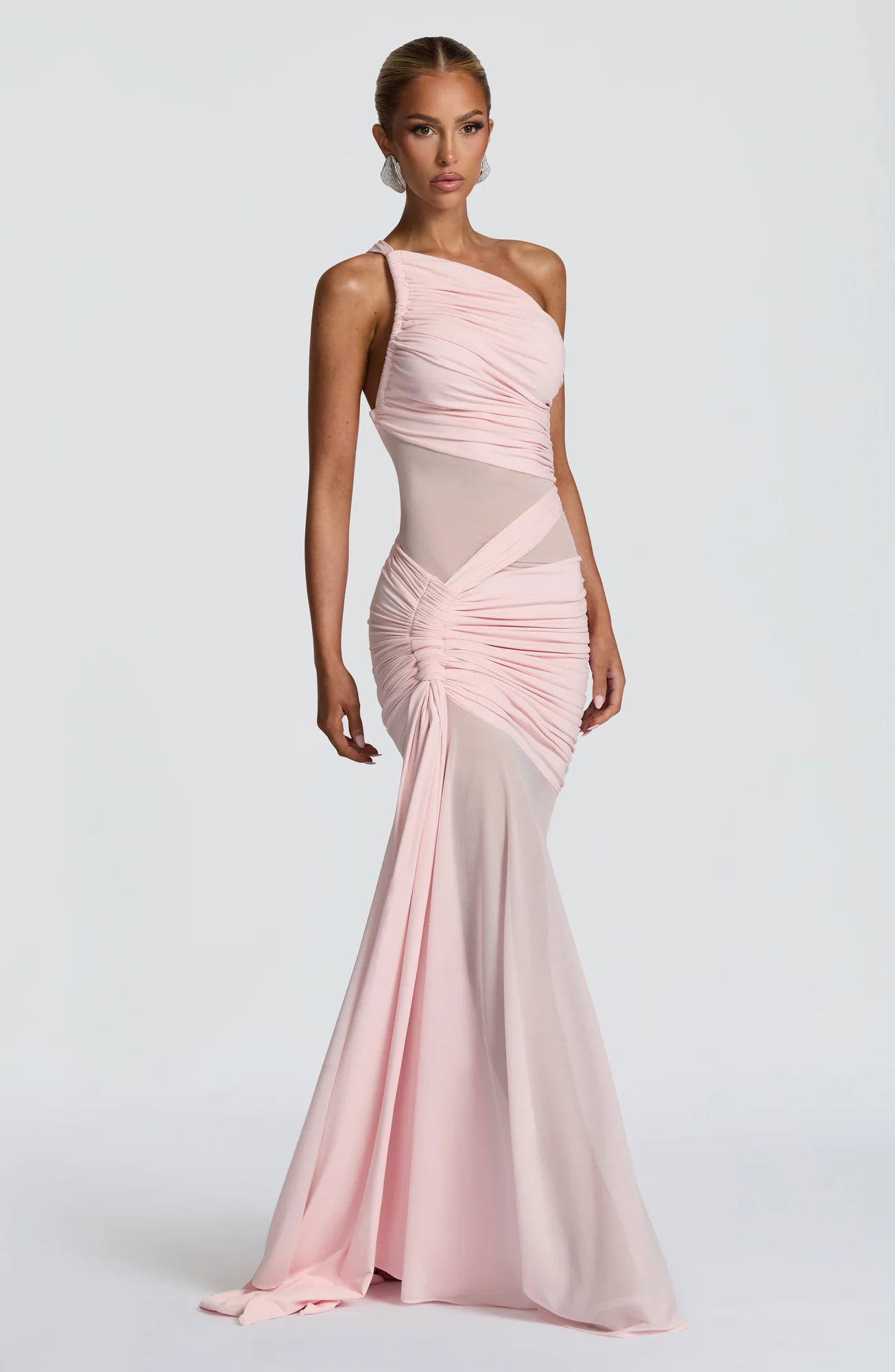 Blush Asymmetrical Neckline Maxi Dress with Mesh Detail