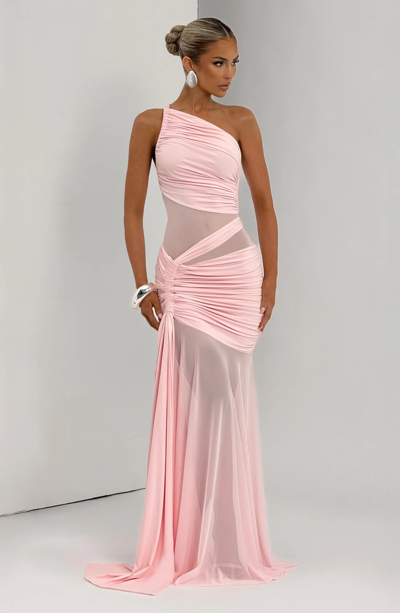 Blush Asymmetrical Neckline Maxi Dress with Mesh Detail