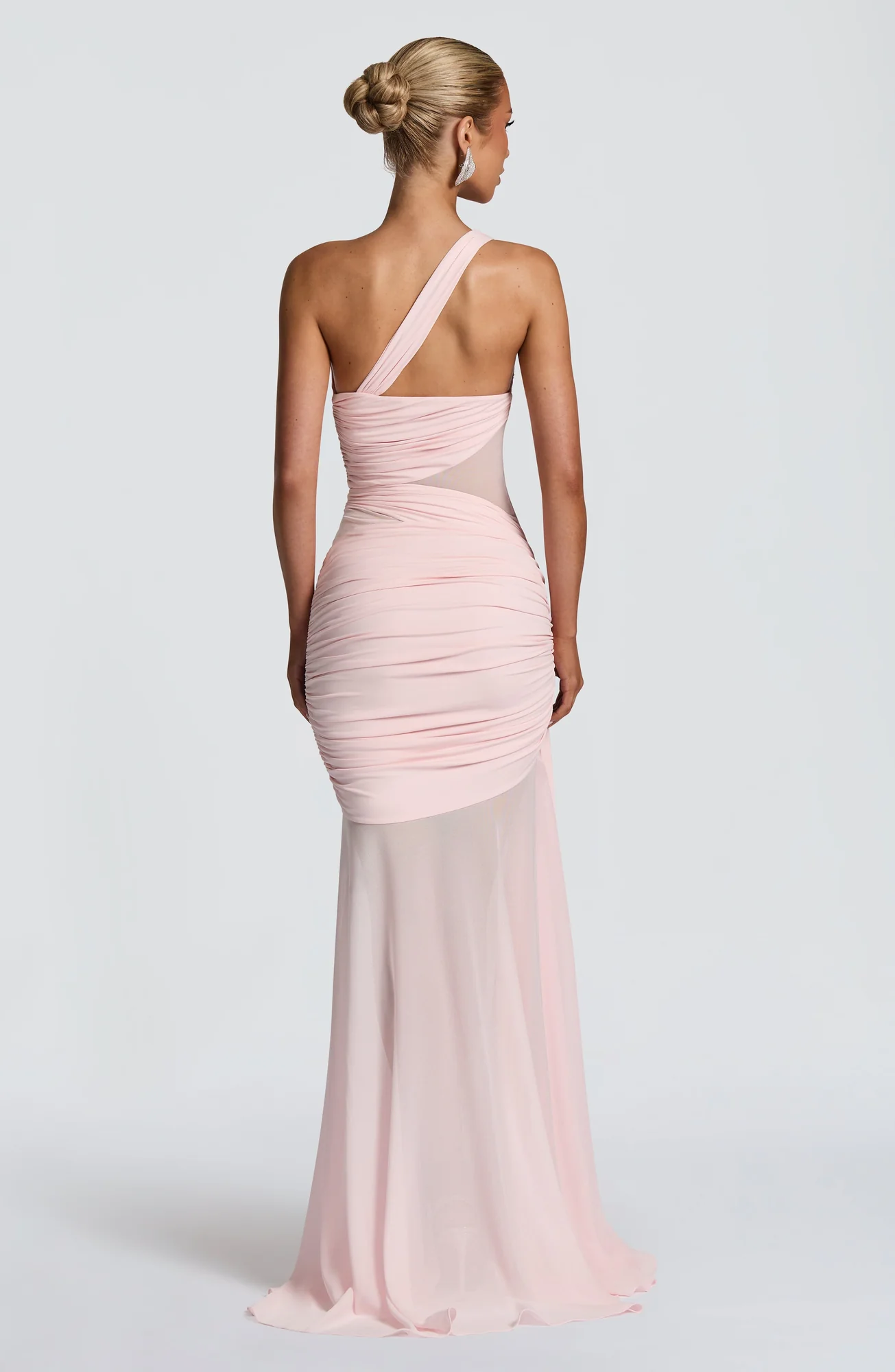 Blush Asymmetrical Neckline Maxi Dress with Mesh Detail