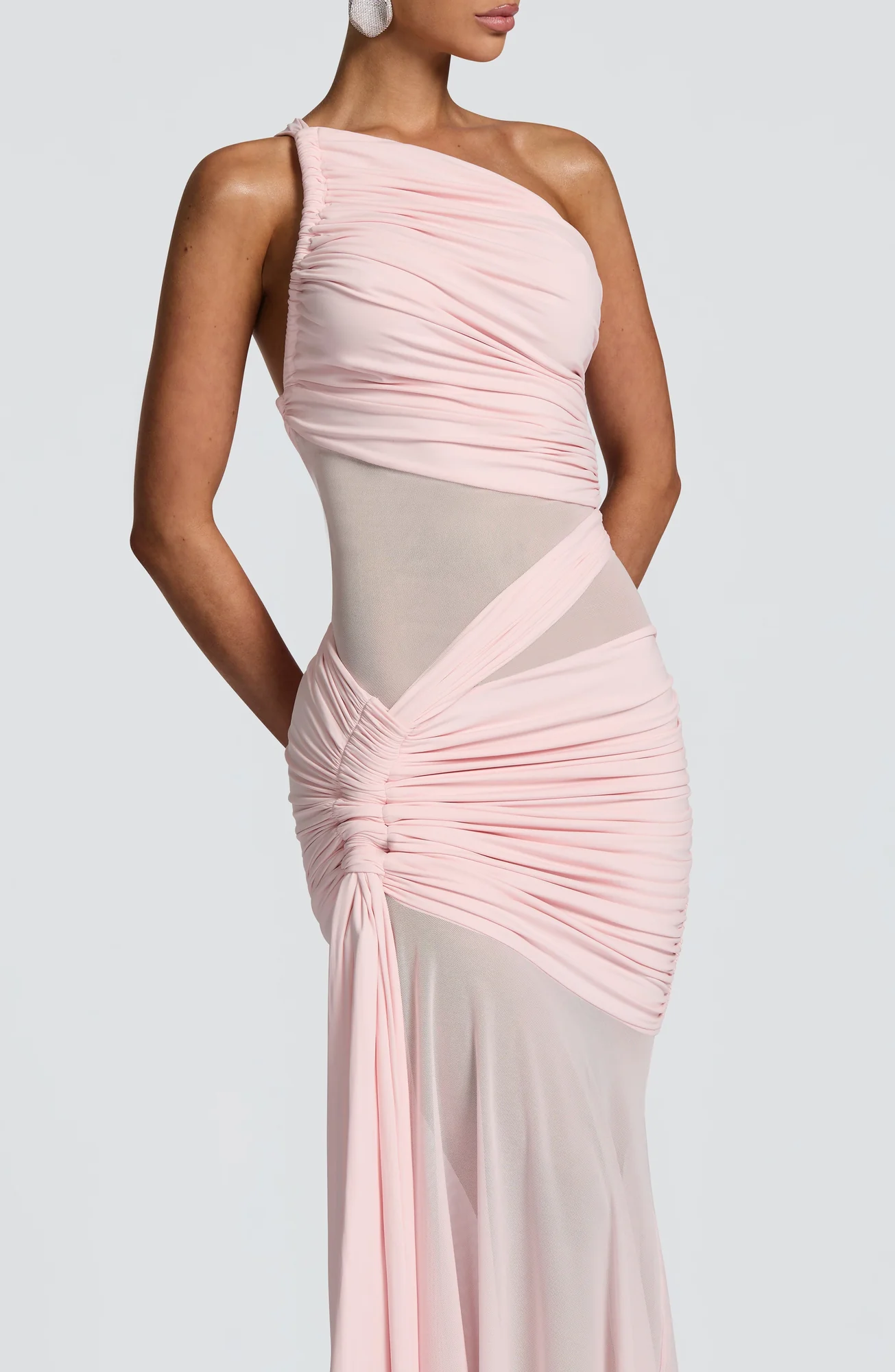 Blush Asymmetrical Neckline Maxi Dress with Mesh Detail