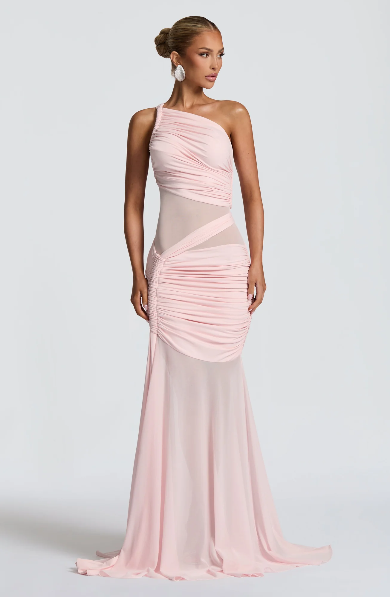 Blush Asymmetrical Neckline Maxi Dress with Mesh Detail