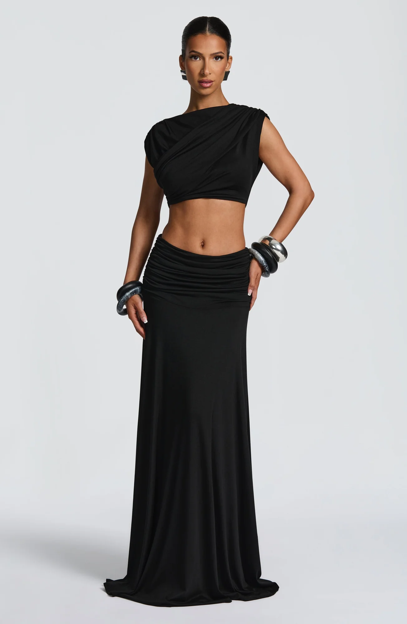 Elegant Black Boat Neck Cropped Top with Cap Sleeves