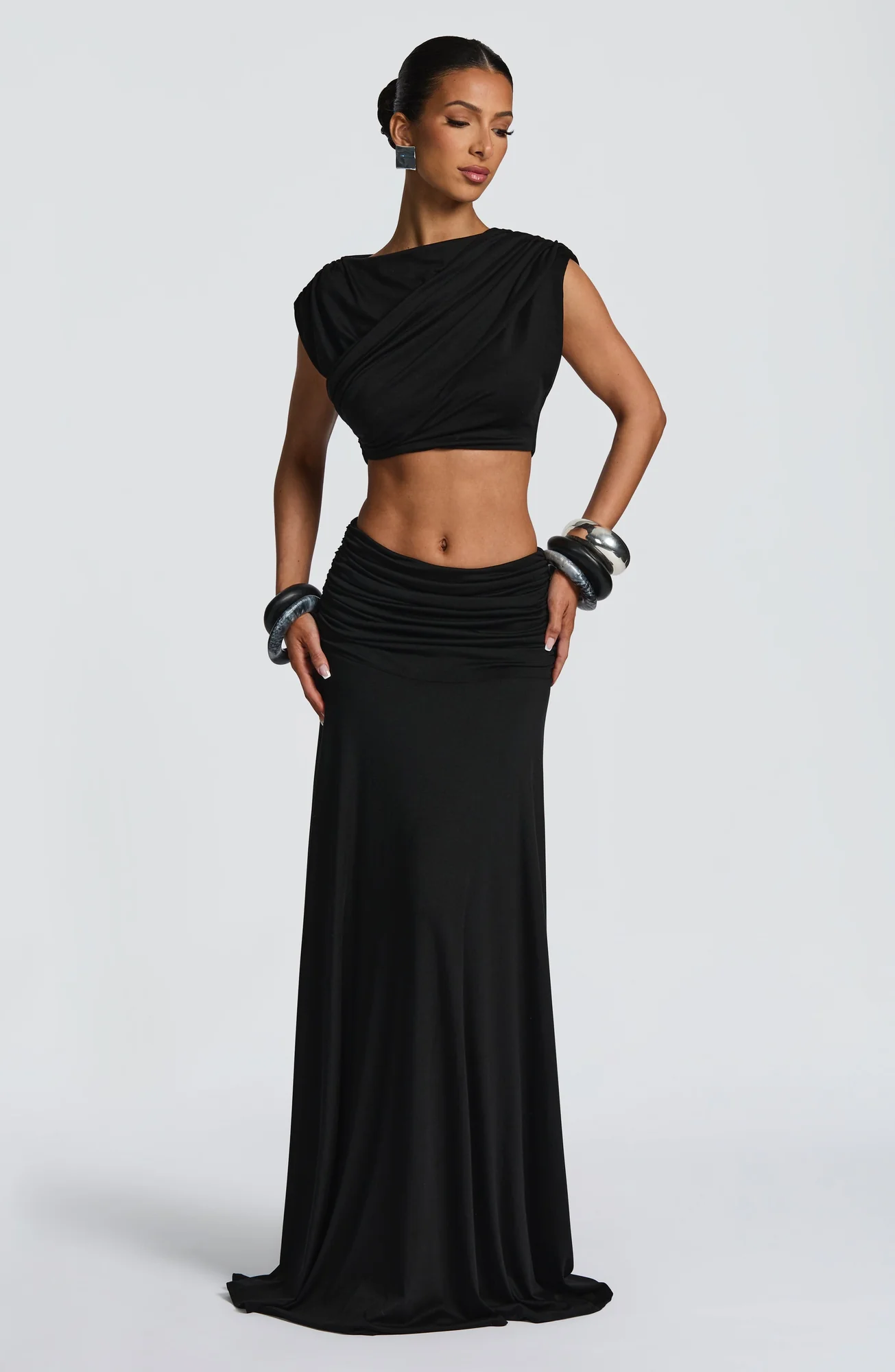 Elegant Black Boat Neck Cropped Top with Cap Sleeves