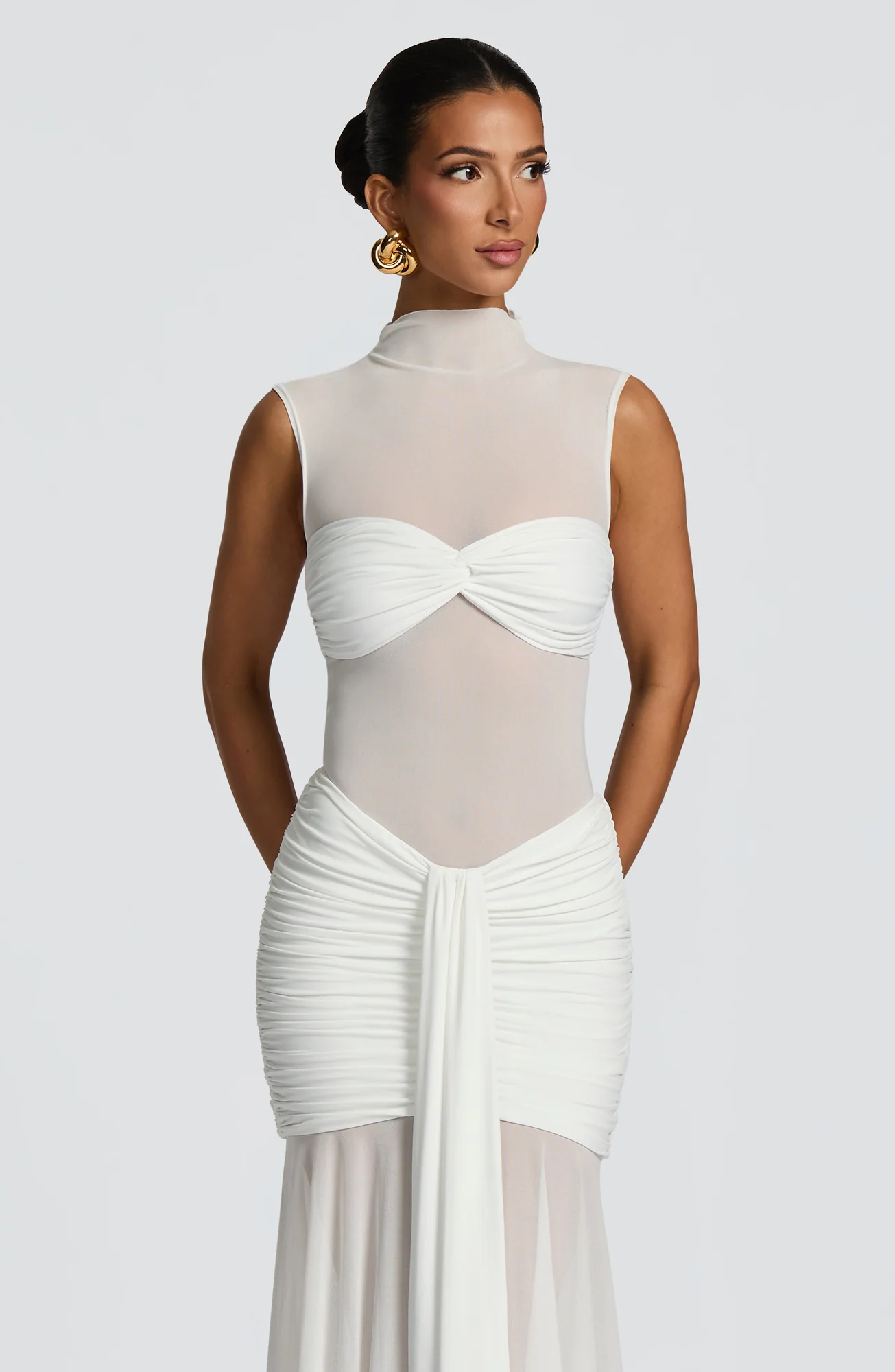 Sheer Mesh White Dress Top with Twist Bandeau Overlay