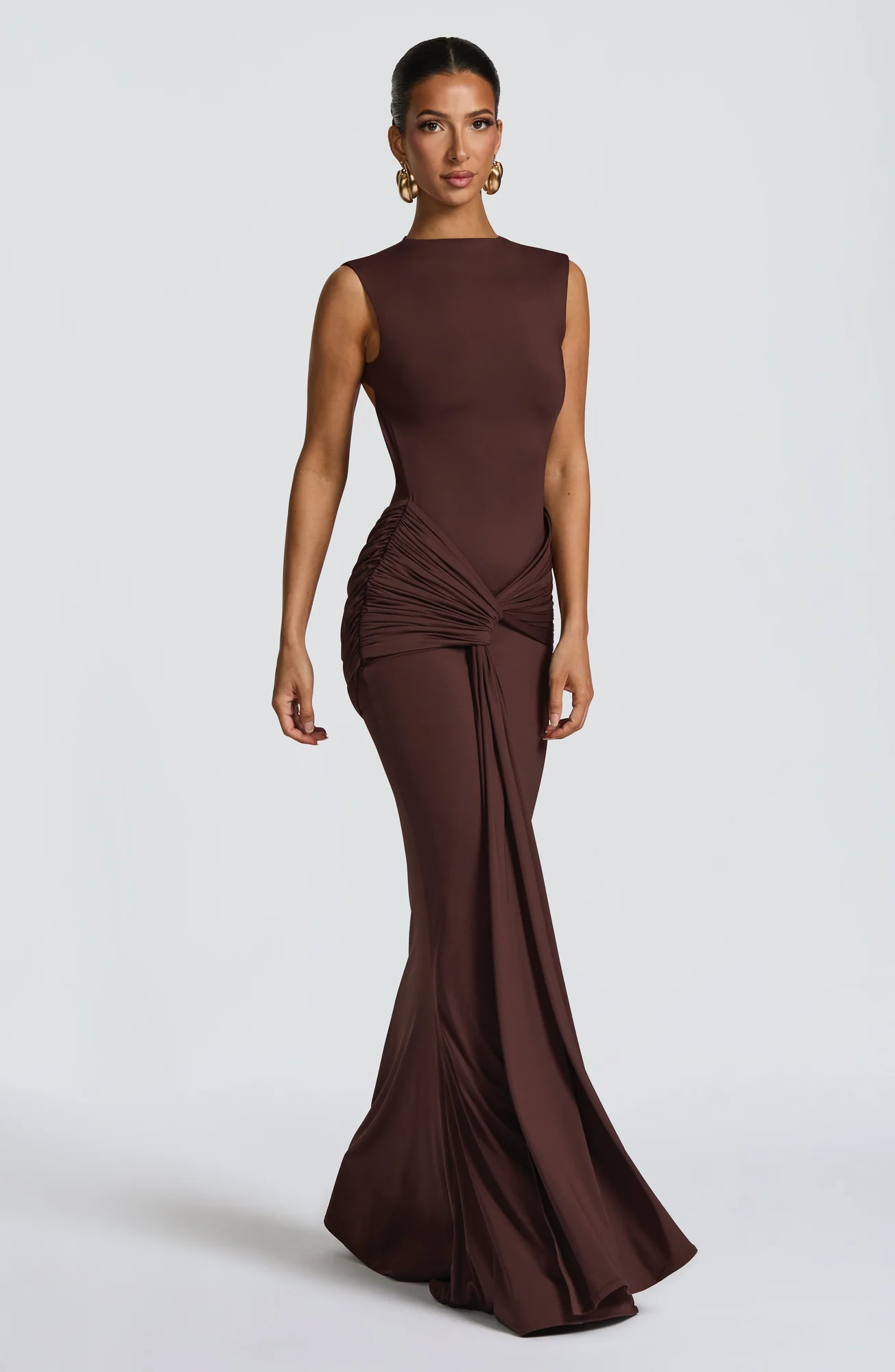 Plum Brown Maxi Dress with High Neckline and Ruched Details
