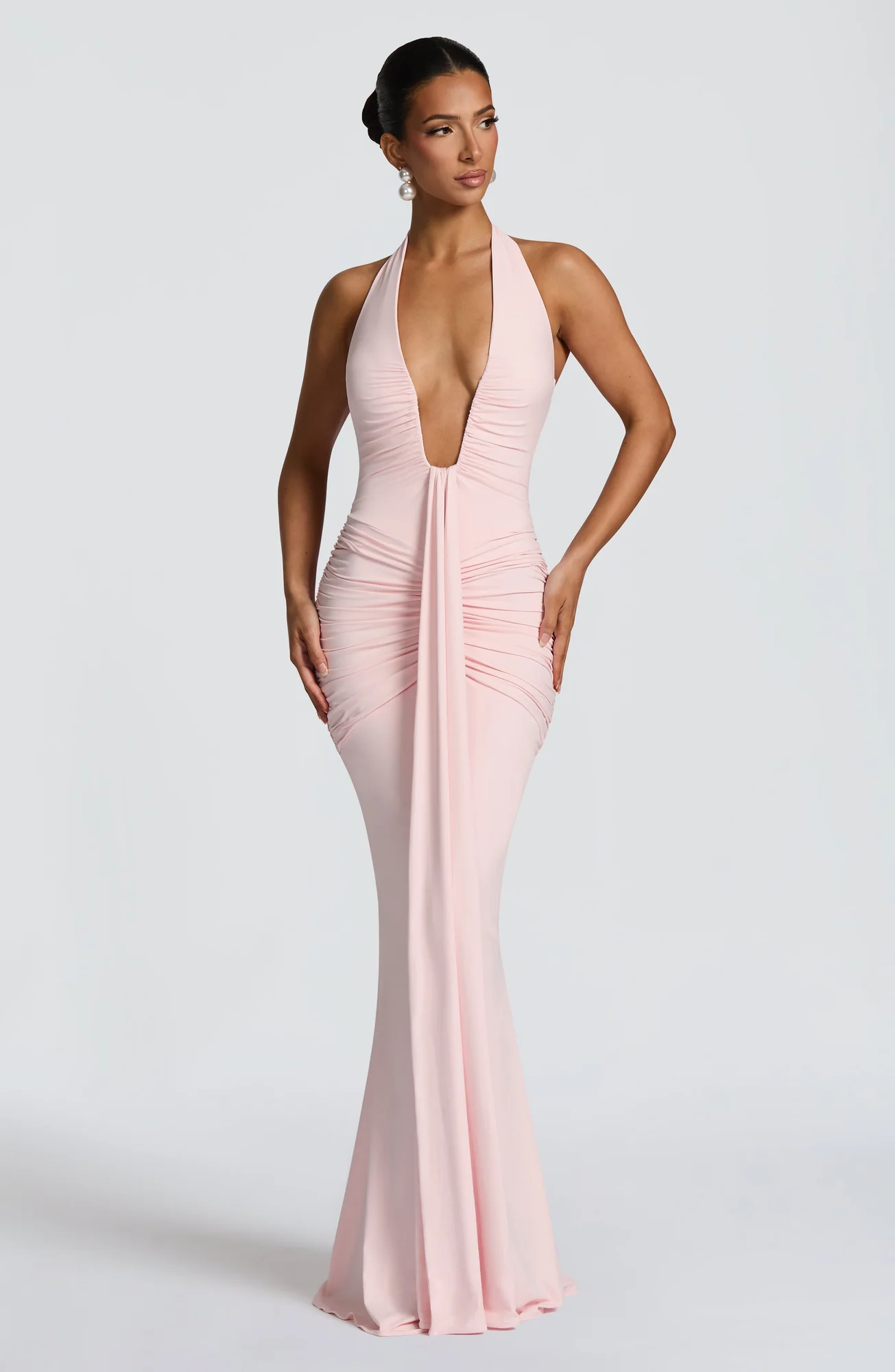 Blush Slinky Jersey Halter Maxi Dress - Elegant Full Skirt