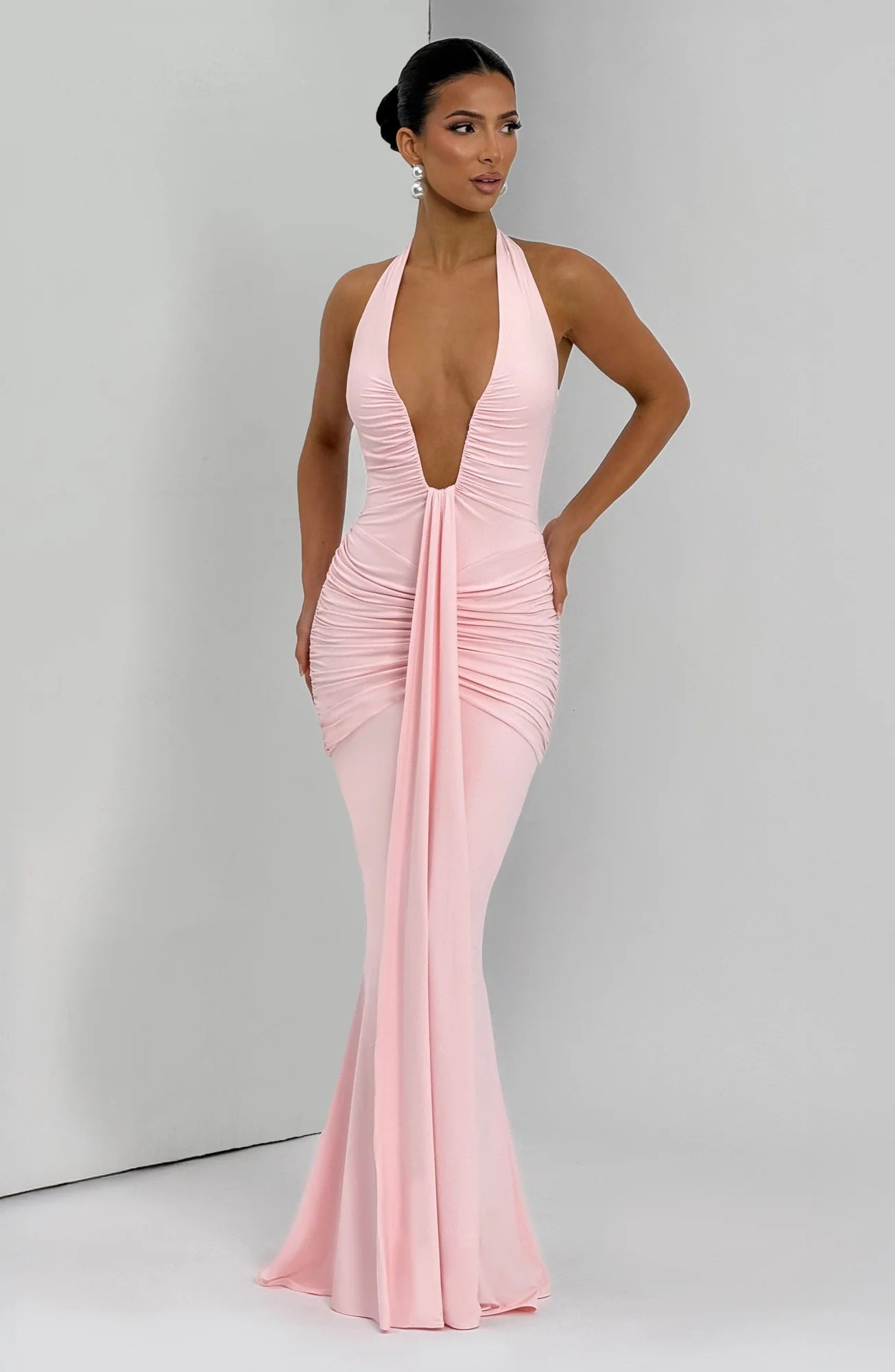 Blush Slinky Jersey Halter Maxi Dress - Elegant Full Skirt