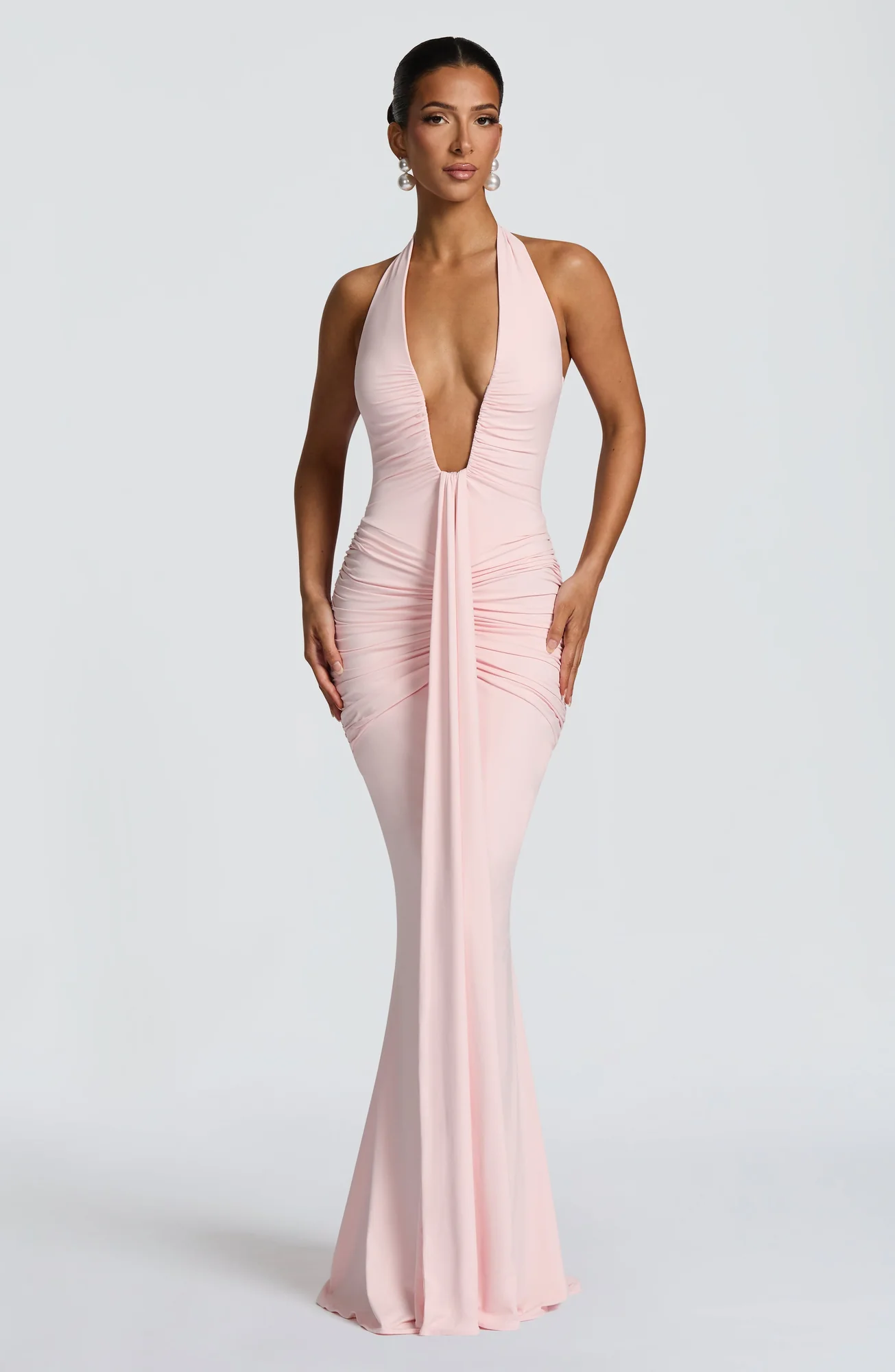 Blush Slinky Jersey Halter Maxi Dress - Elegant Full Skirt