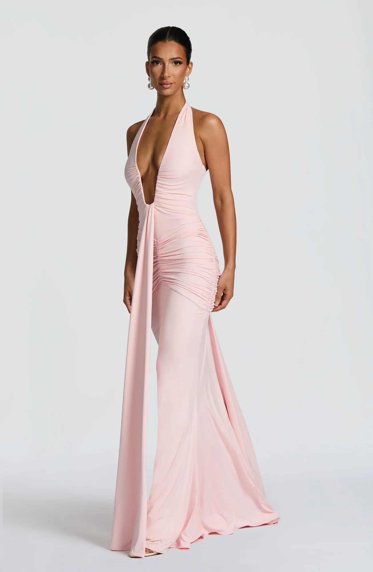 Blush Slinky Jersey Halter Maxi Dress - Elegant Full Skirt
