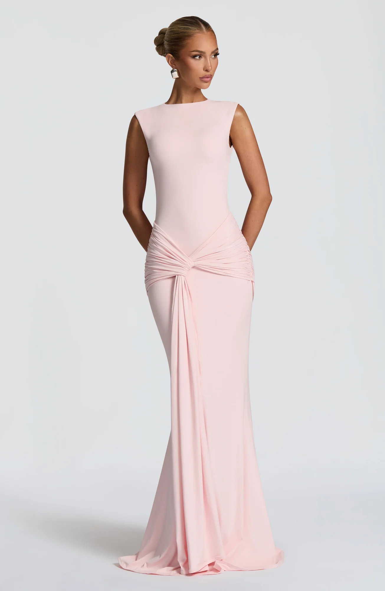 Blush Maxi Dress with High Neckline and Open Back