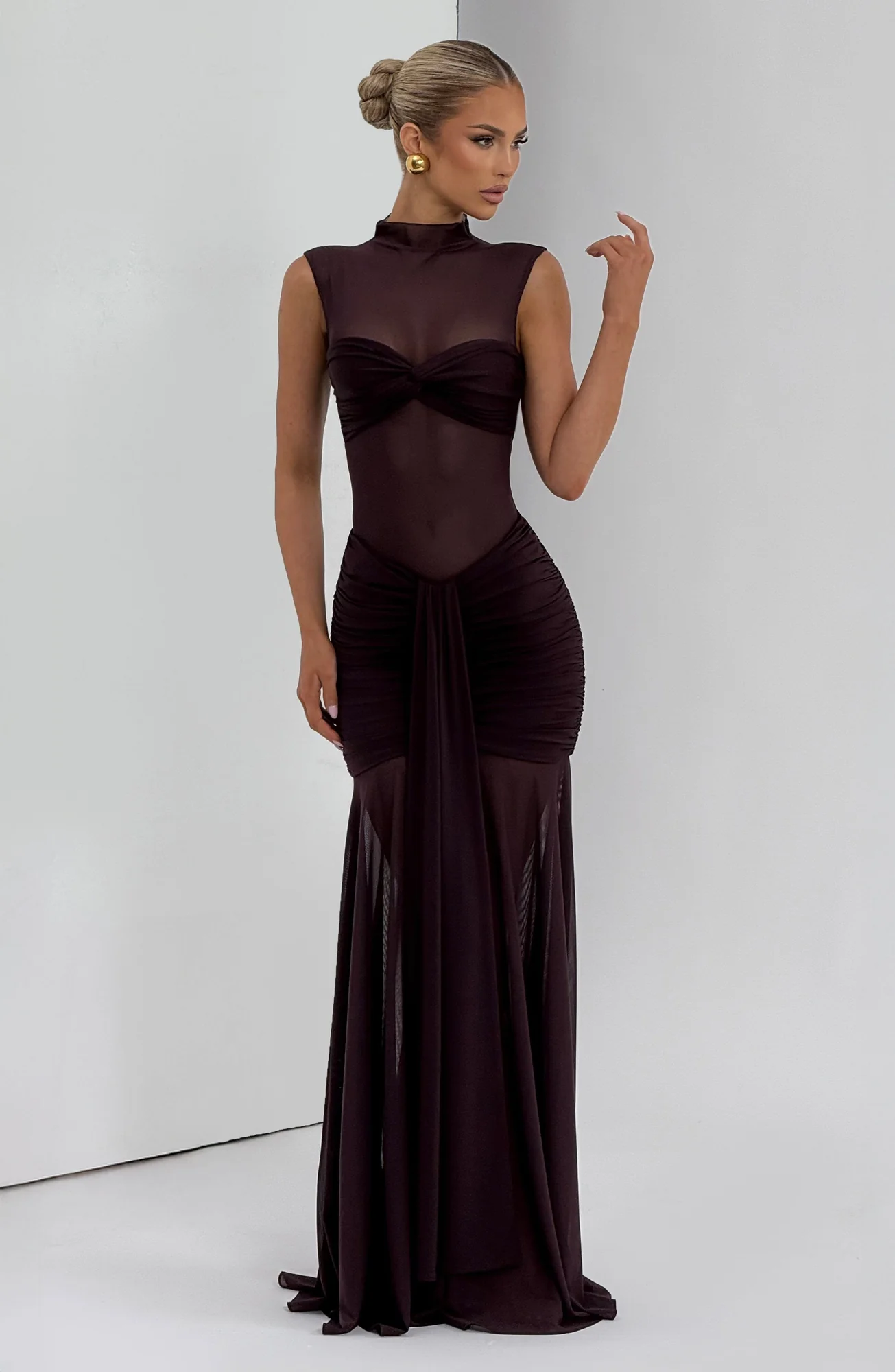 Plum Mesh High Neck Sleeveless Top with Bandeau Overlay - Elegant Dress