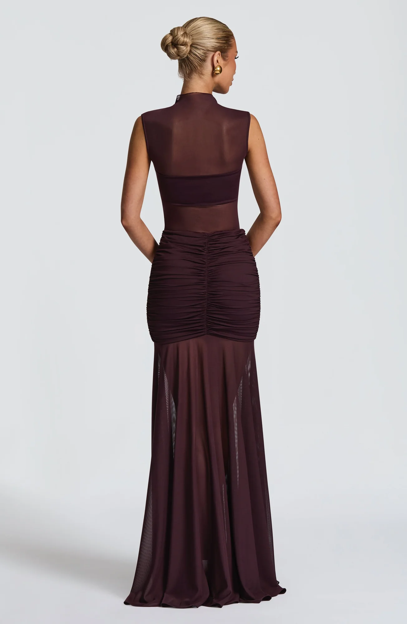 Plum Mesh High Neck Sleeveless Top with Bandeau Overlay - Elegant Dress
