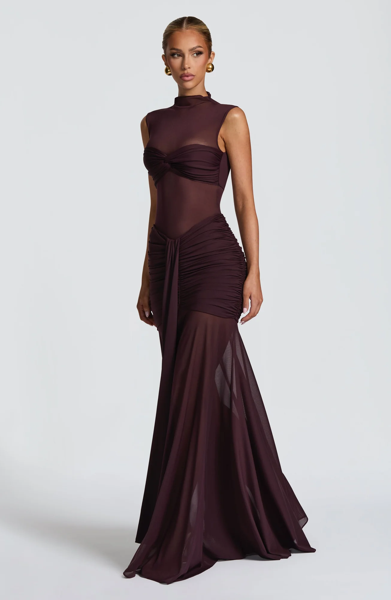 Plum Mesh High Neck Sleeveless Top with Bandeau Overlay - Elegant Dress