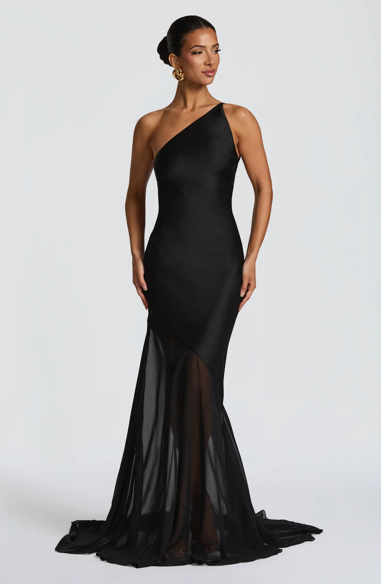 Black Textured Satin One-Shoulder Fishtail Evening Gown