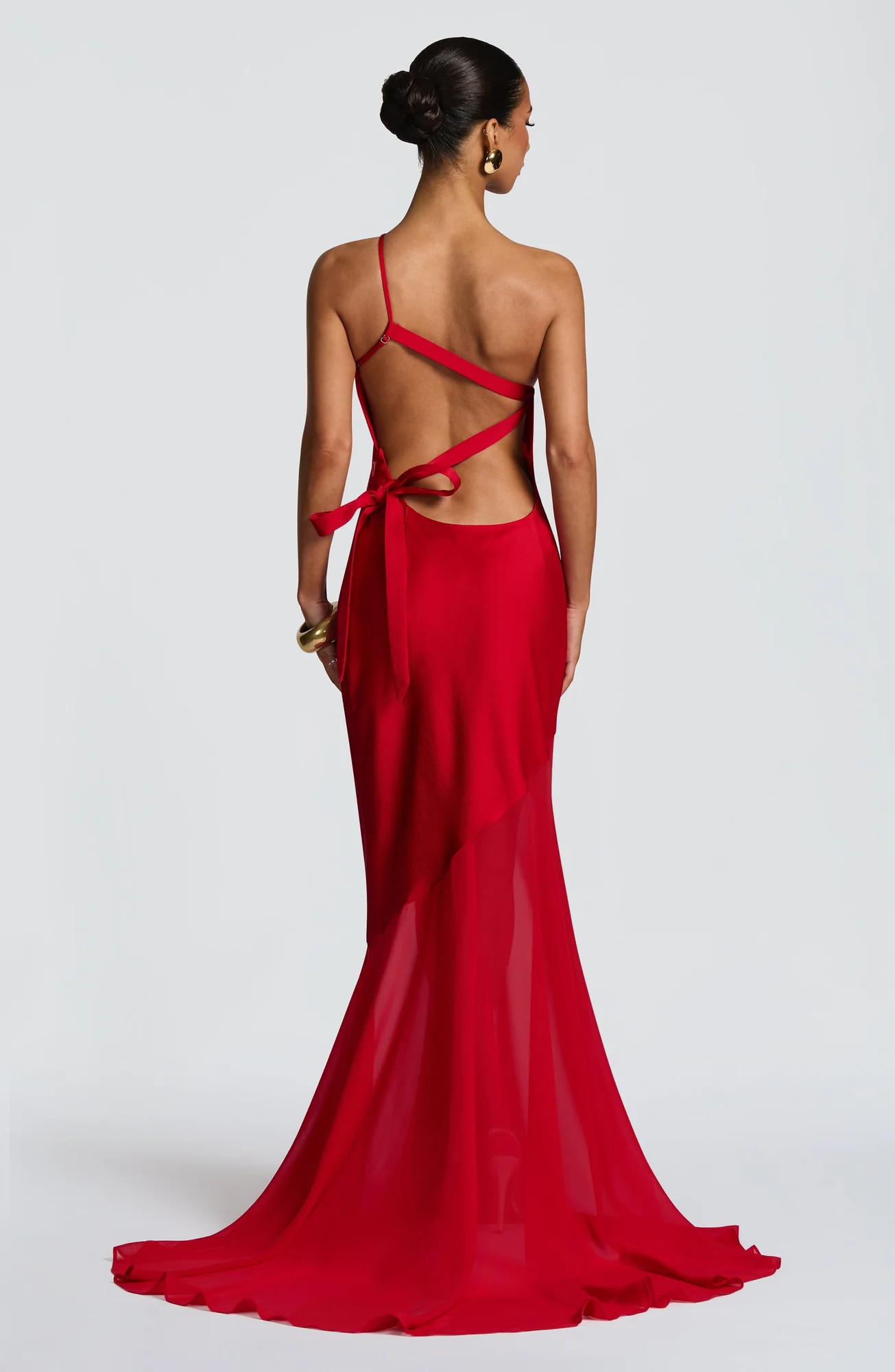 Red Textured Satin One-Shoulder Fishtail Evening Gown