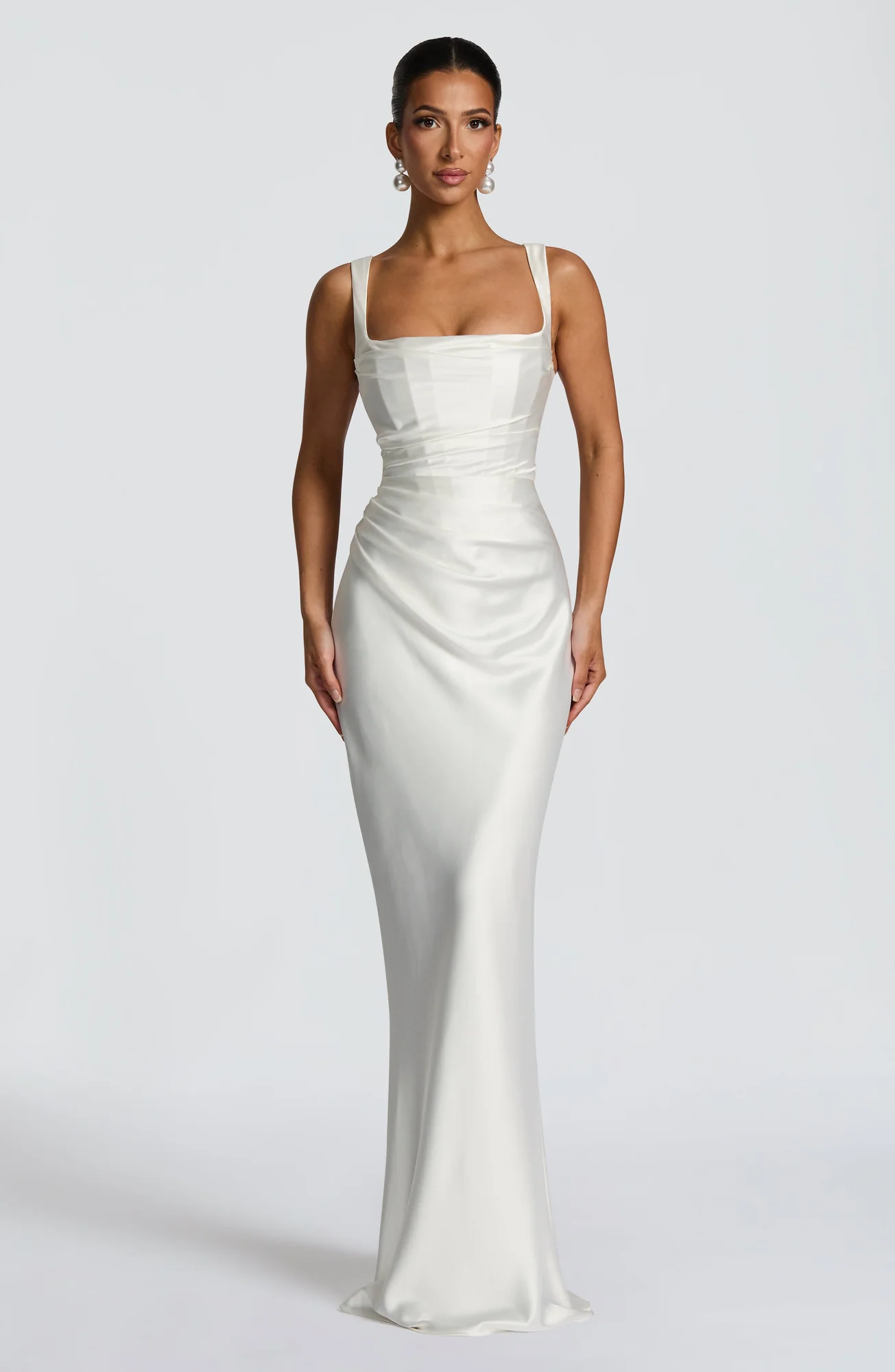 Ivory Satin Square Neck Maxi Dress - Elegant Pleated Detailing