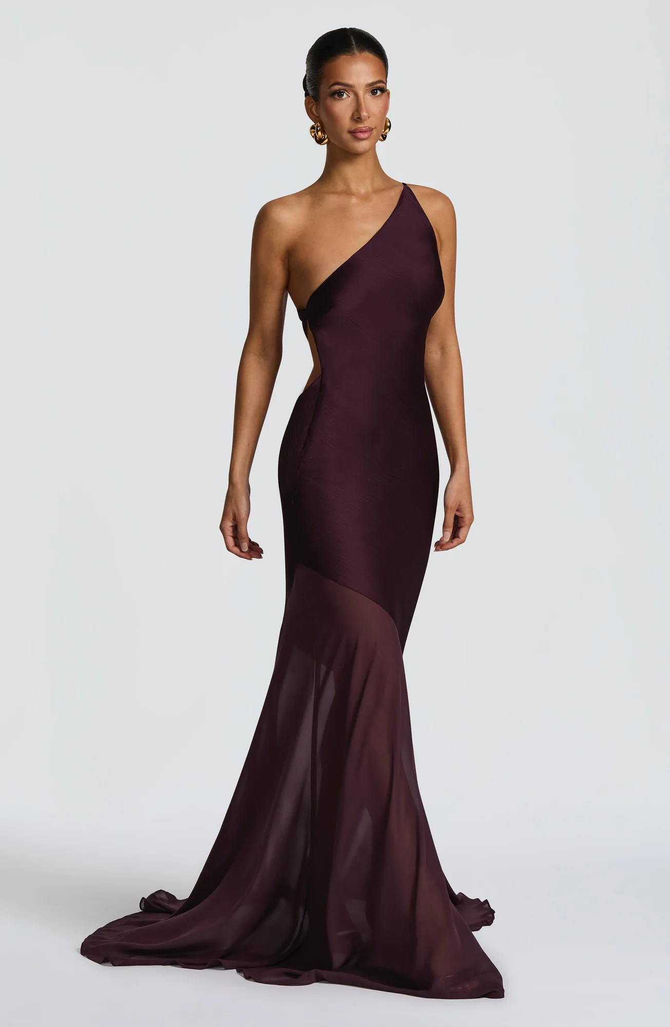 Plum Textured Satin One-Shoulder Fishtail Evening Dress
