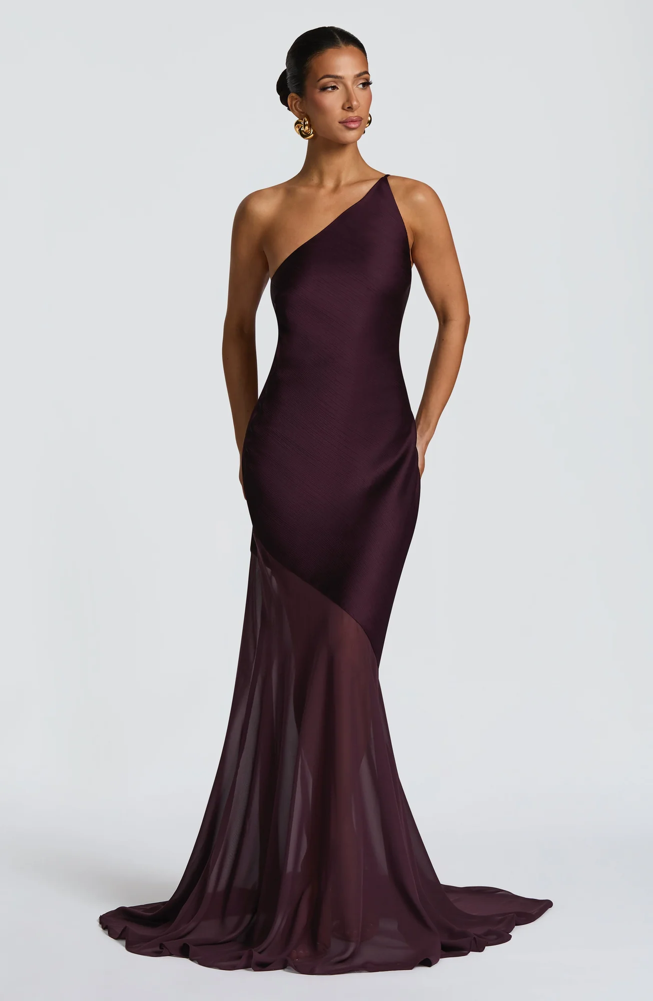 Plum Textured Satin One-Shoulder Fishtail Evening Dress