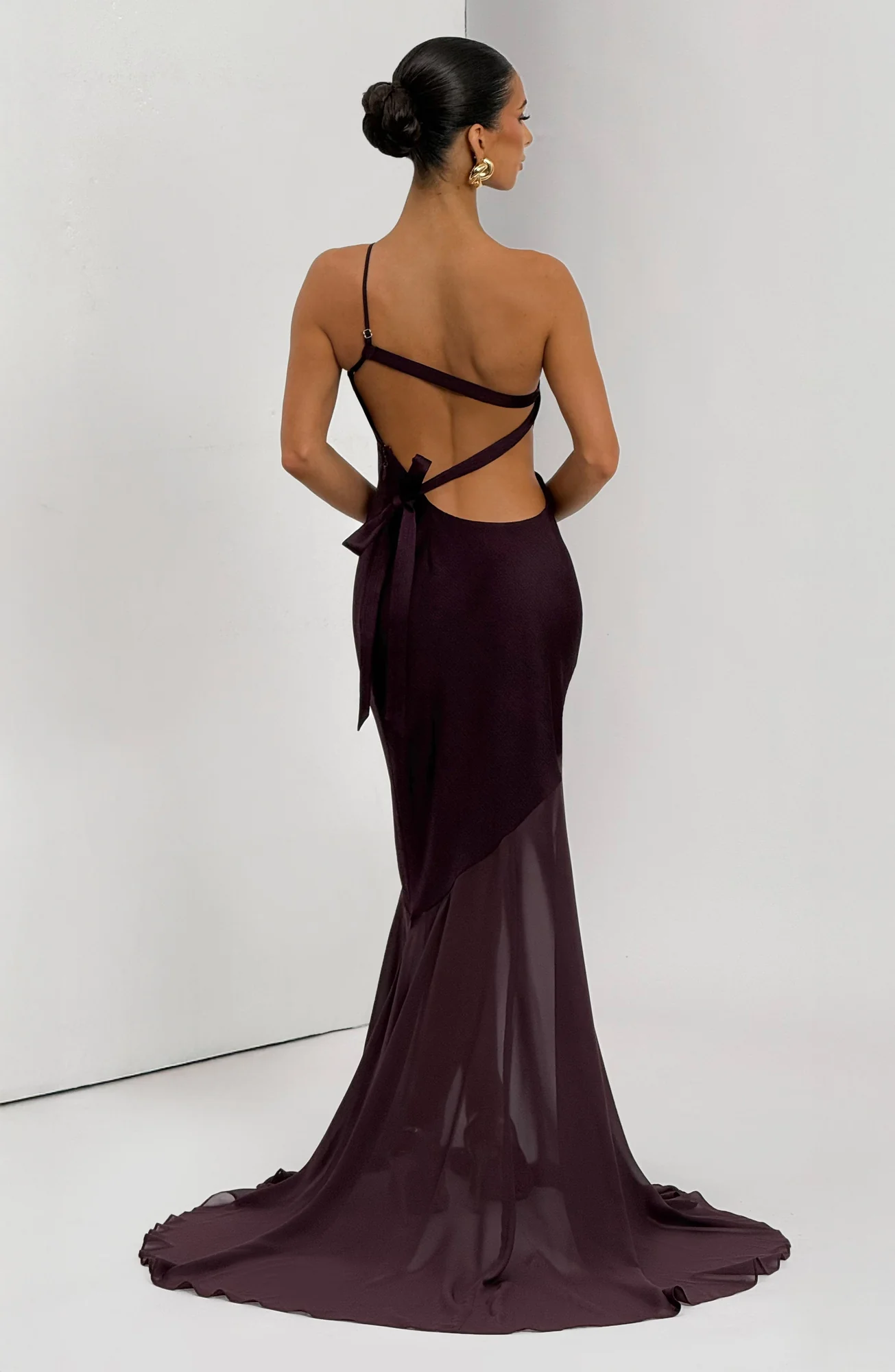 Plum Textured Satin One-Shoulder Fishtail Evening Dress