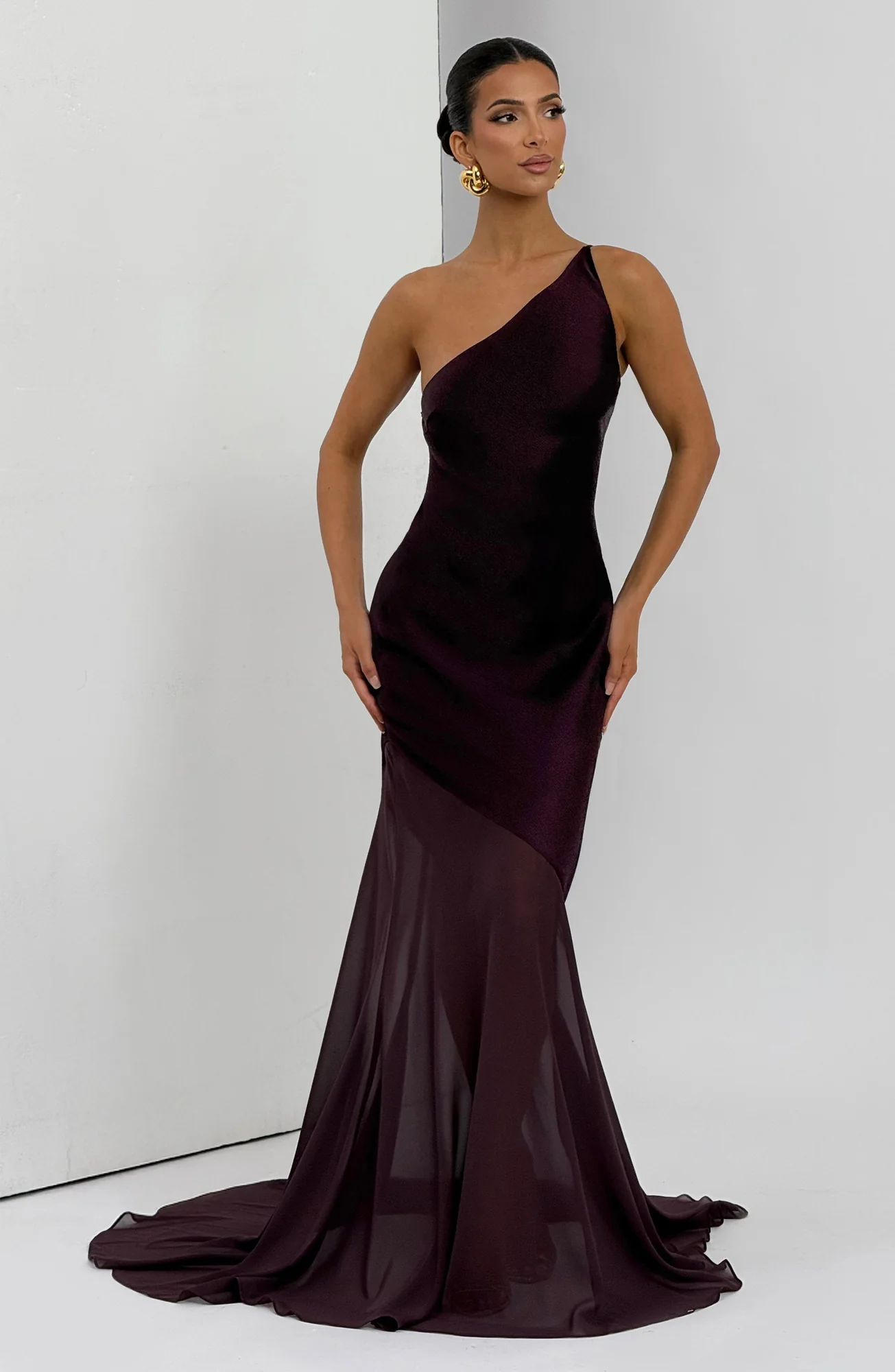 Plum Textured Satin One-Shoulder Fishtail Evening Dress