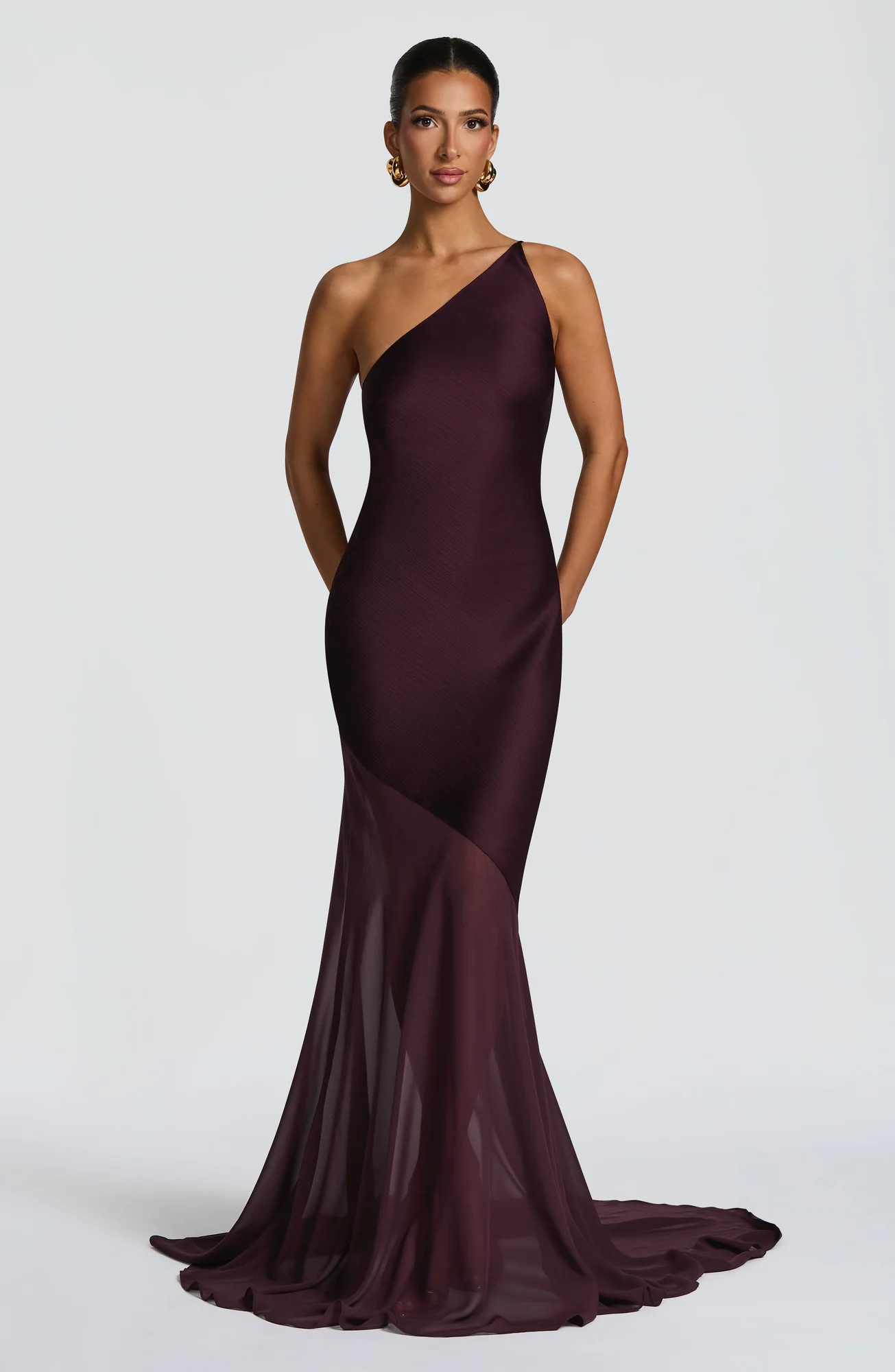 Plum Textured Satin One-Shoulder Fishtail Evening Dress