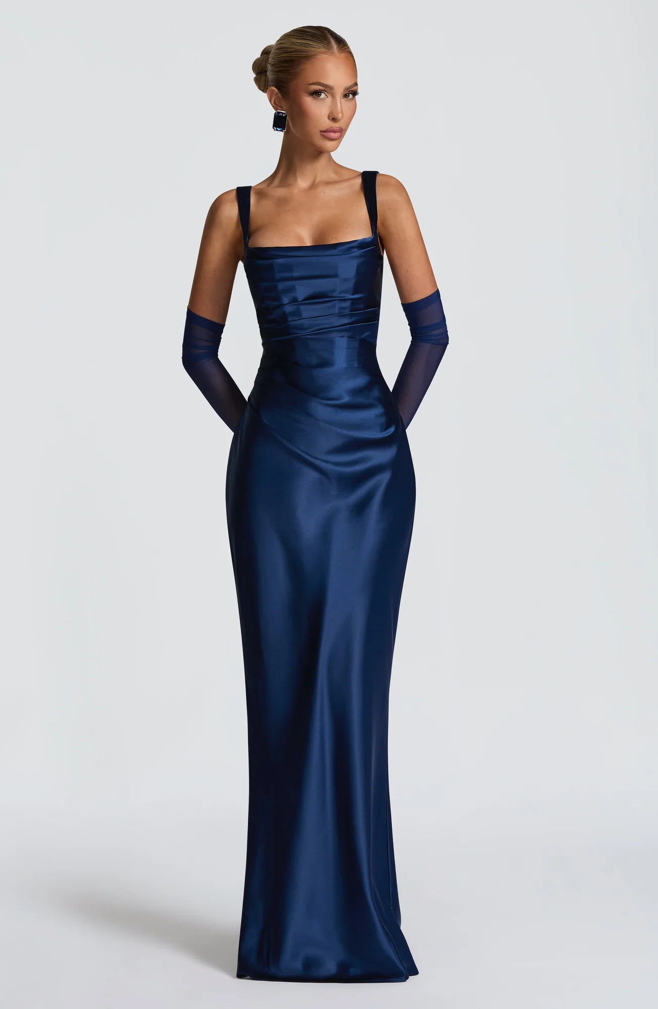 Navy Satin Maxi Dress with Lace-Up Back