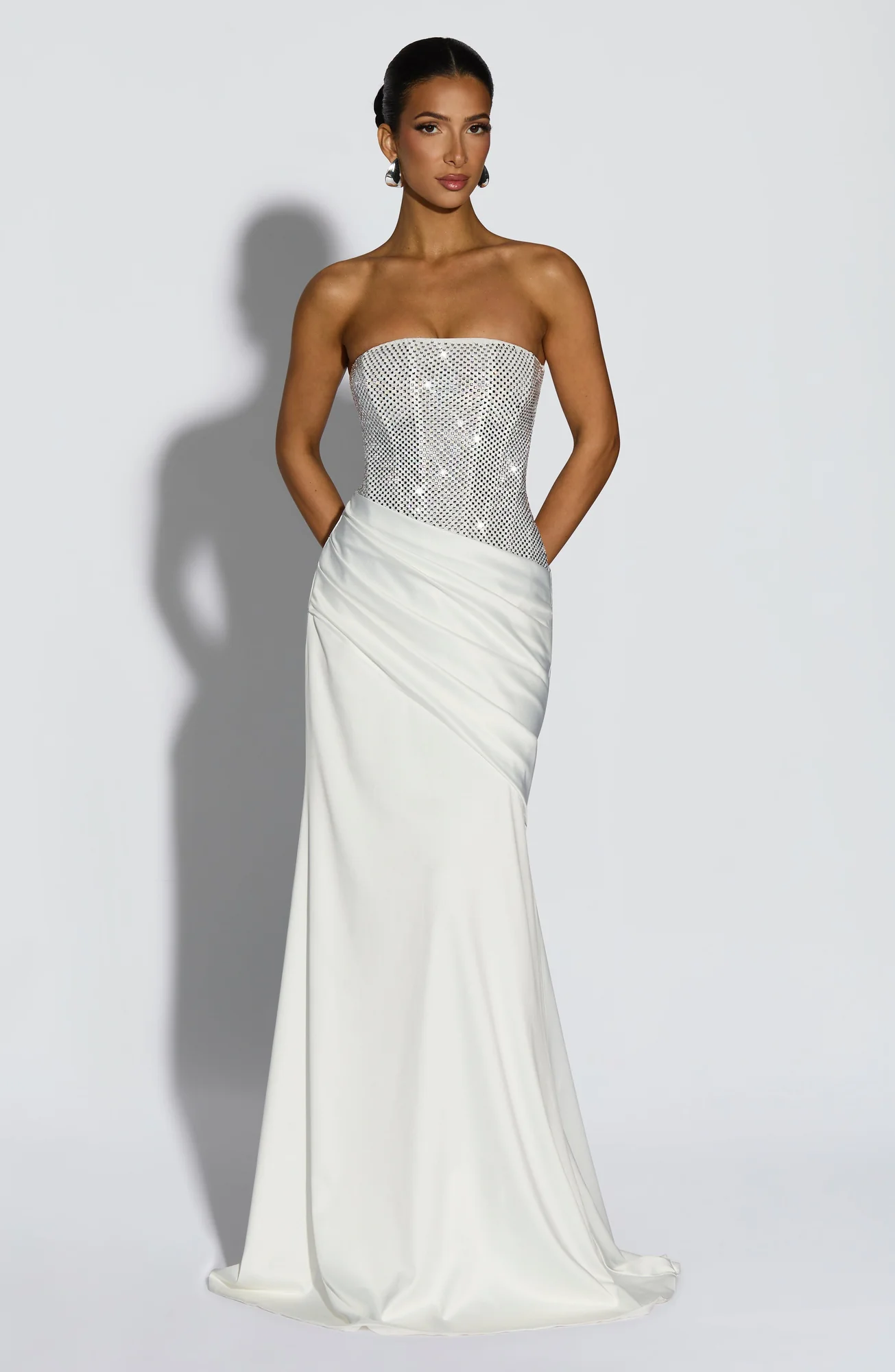 Ivory Strapless Corset Maxi Dress with Rhinestone Embellishments