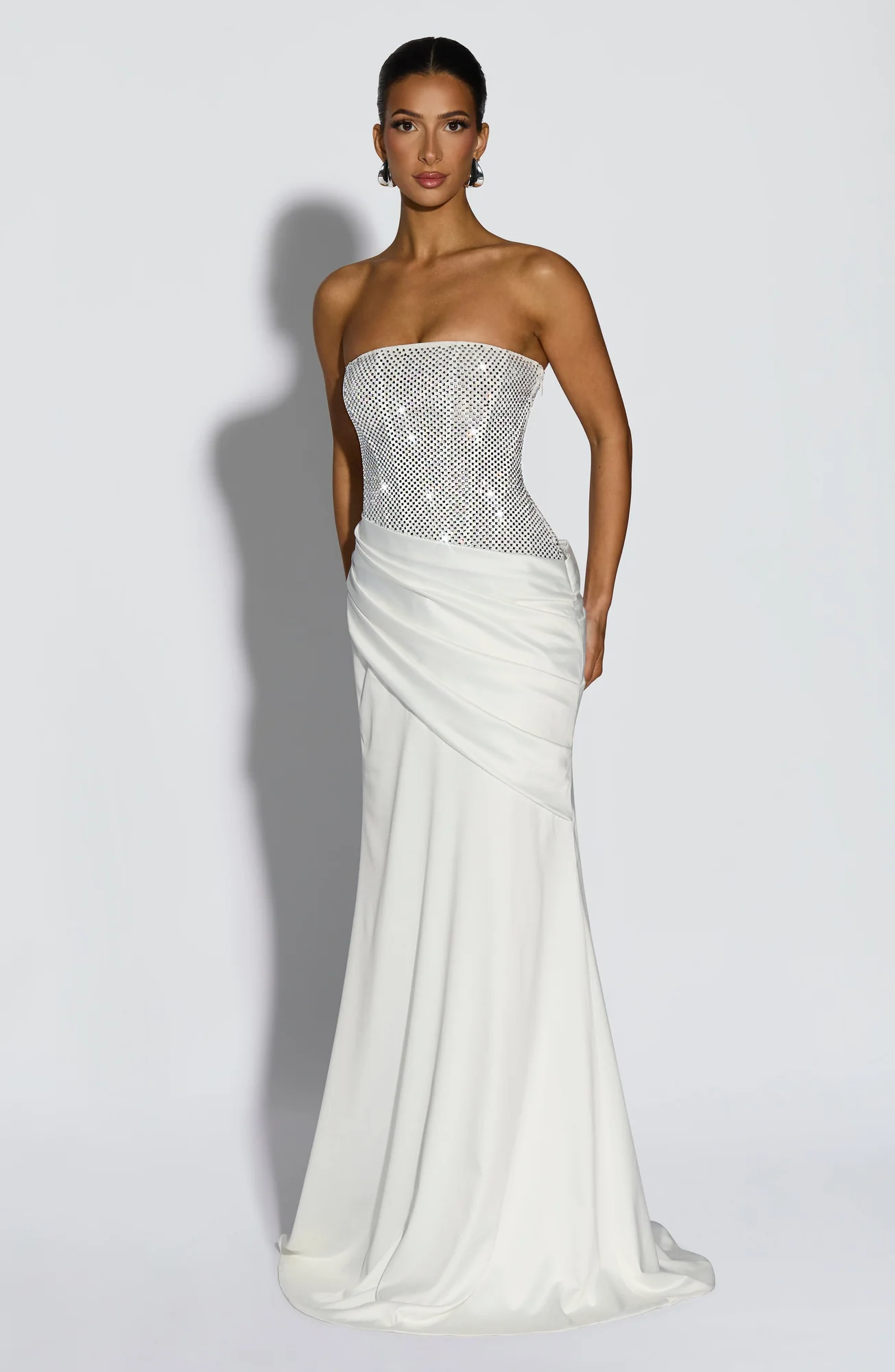 Ivory Strapless Corset Maxi Dress with Rhinestone Embellishments
