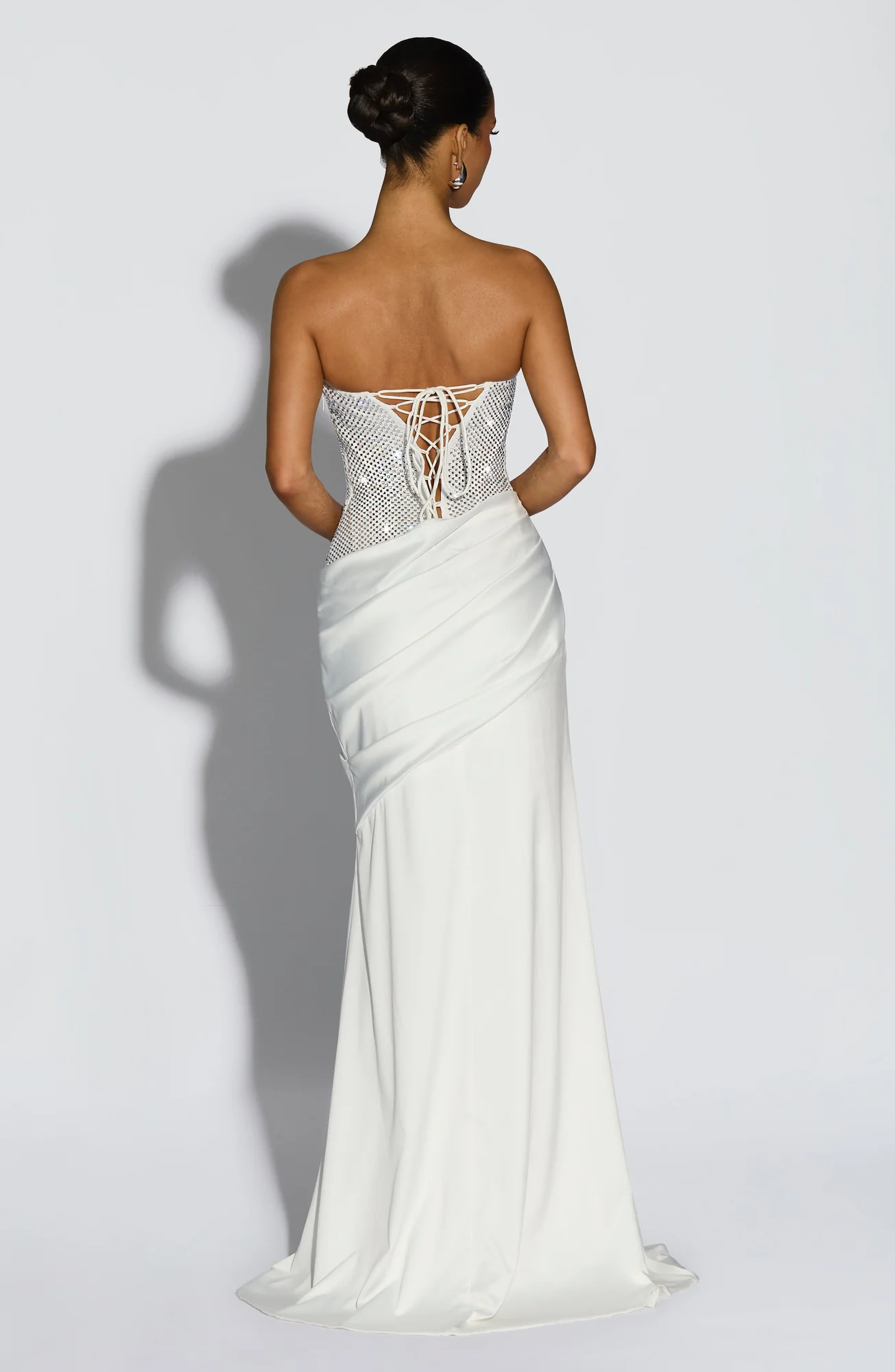 Ivory Strapless Corset Maxi Dress with Rhinestone Embellishments