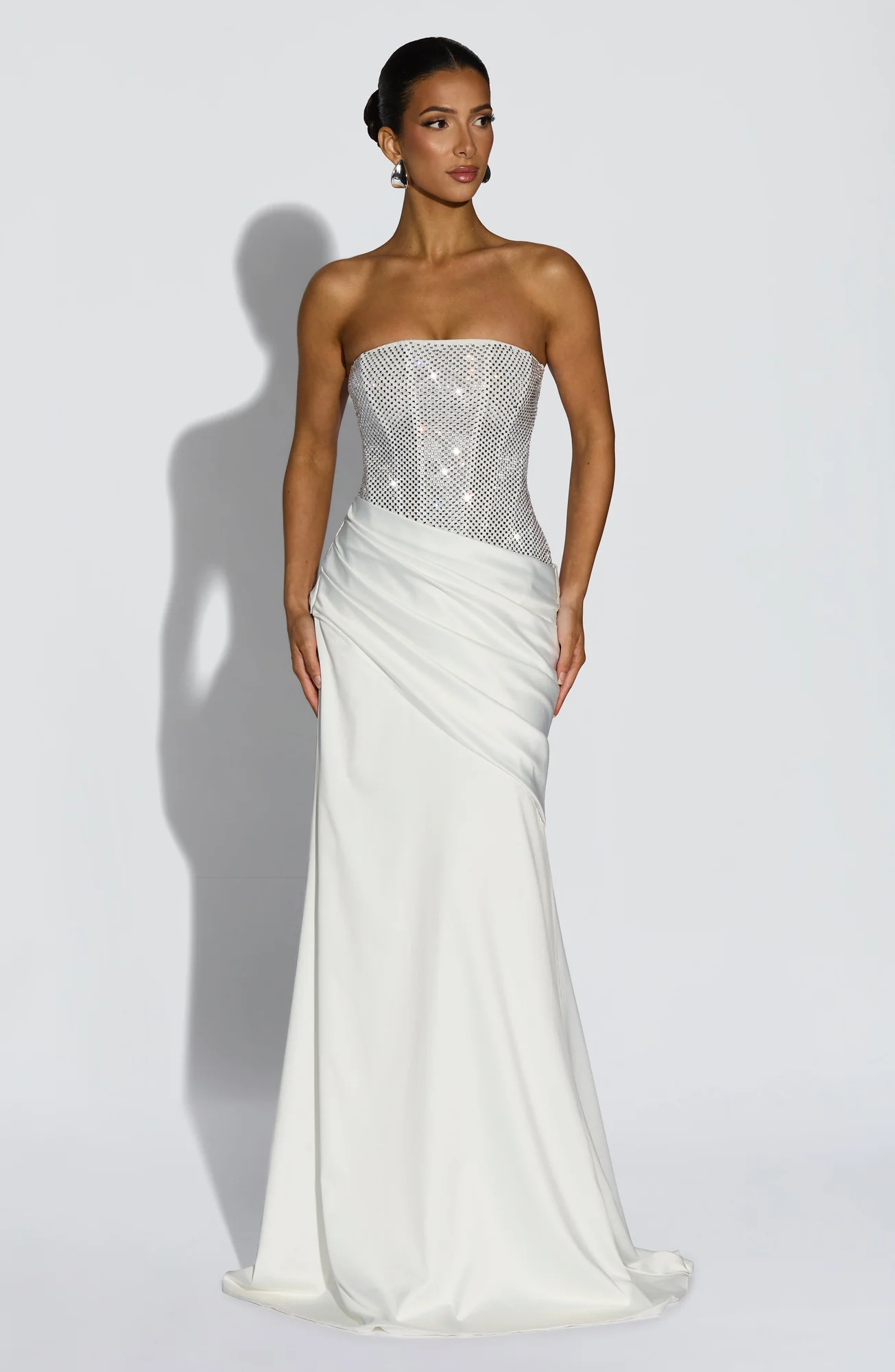 Ivory Strapless Corset Maxi Dress with Rhinestone Embellishments