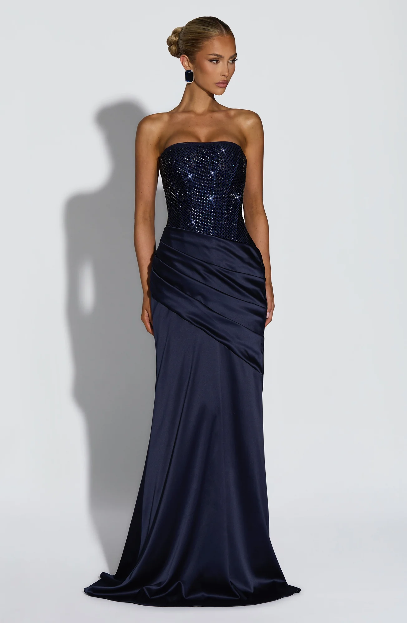 Navy Strapless Corset Maxi Dress with Rhinestones
