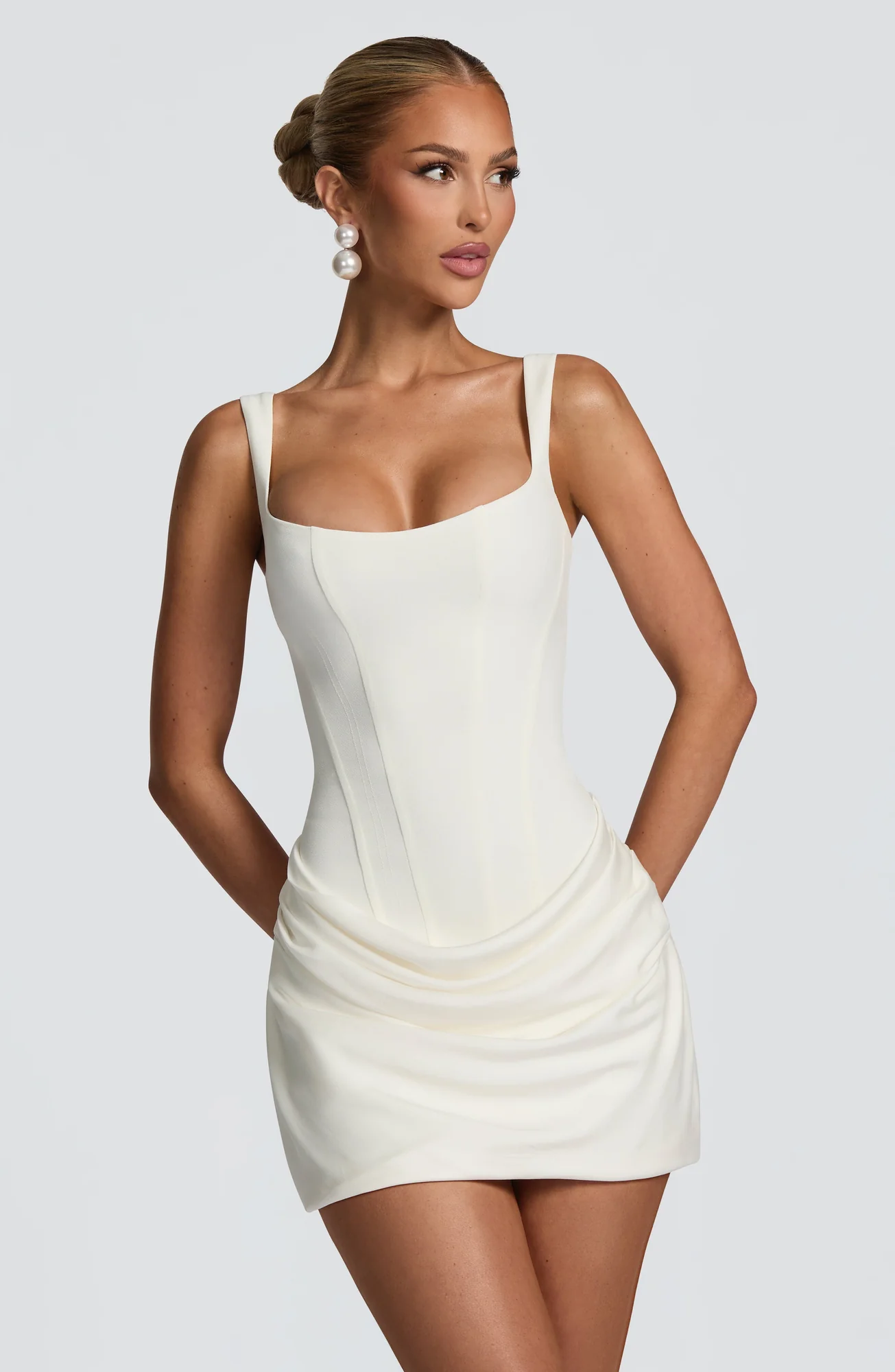 Ivory Square Neck Mini Dress - Elegant Ivory Pleated Dress