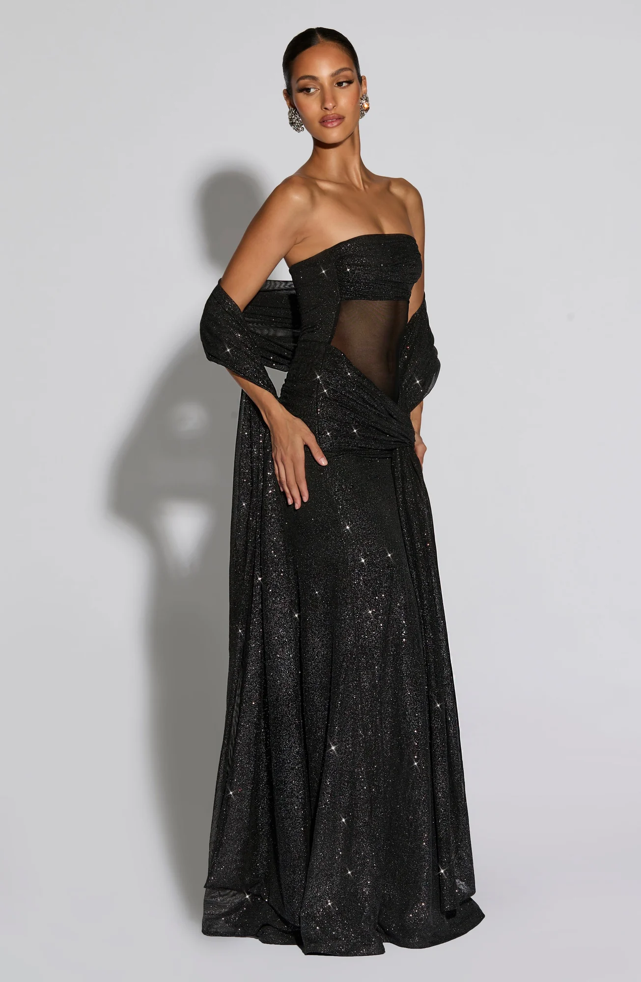 Black Sparkle Maxi Dress with Ruched Knot Detail