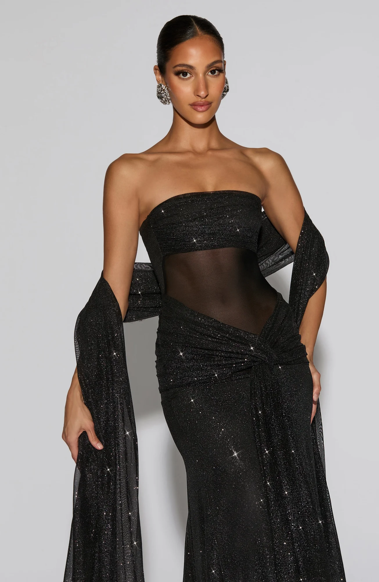 Black Sparkle Maxi Dress with Ruched Knot Detail